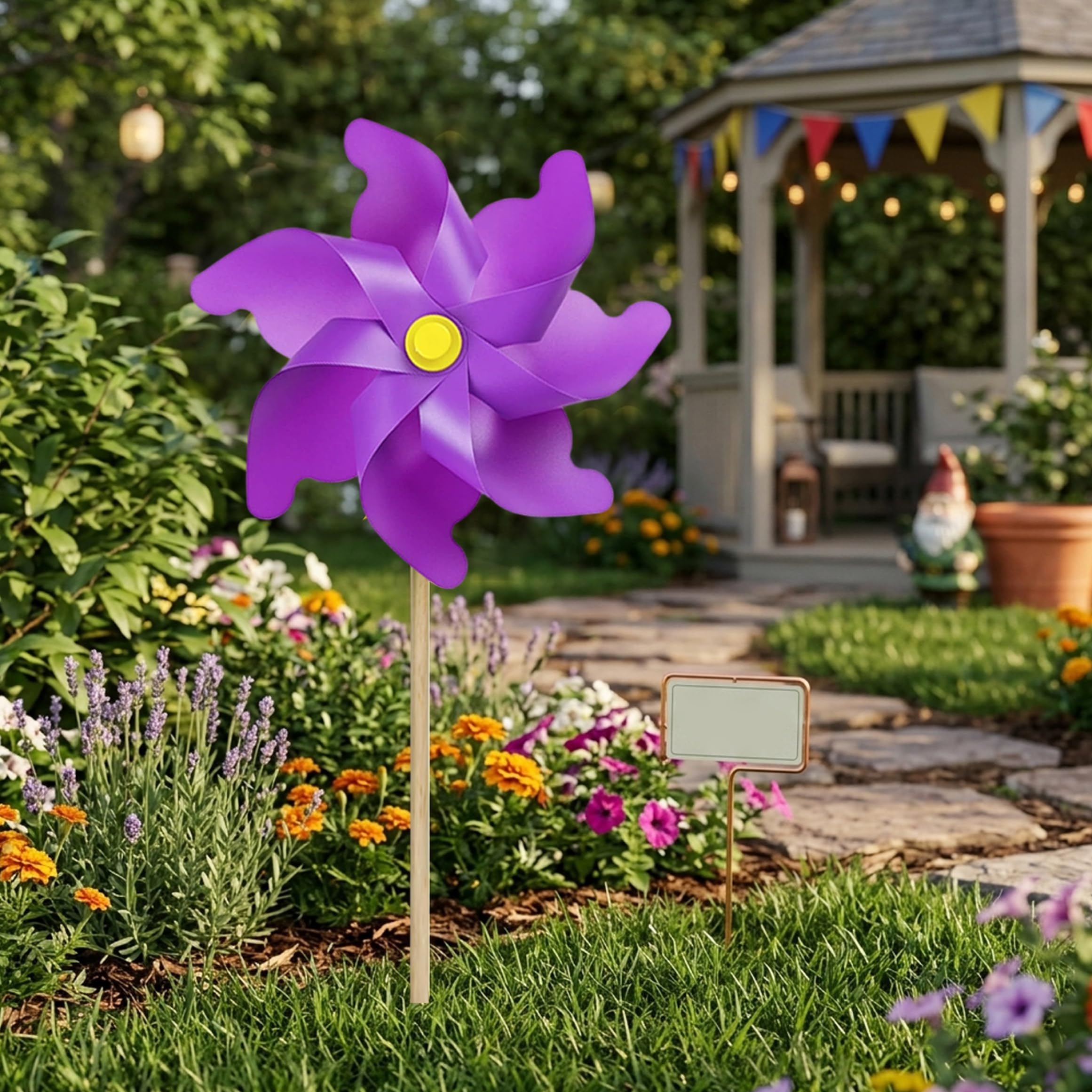 10 Stück 7-Zoll-Windräder aus Kunststoff für den Garten mit 15-Zoll-Holzstange, Windspiele für den Außenbereich, Windräder für Garten und Kinderspiele, Vogelschreckgerät, Lila
