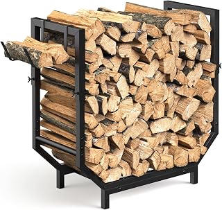 Netuaoo Outdoor Firewood Rack 27.8" Wide 35.23" H Adjustable Holder with Removable Kindling Hooks - Indoor/Outdoor Steel Log Holder