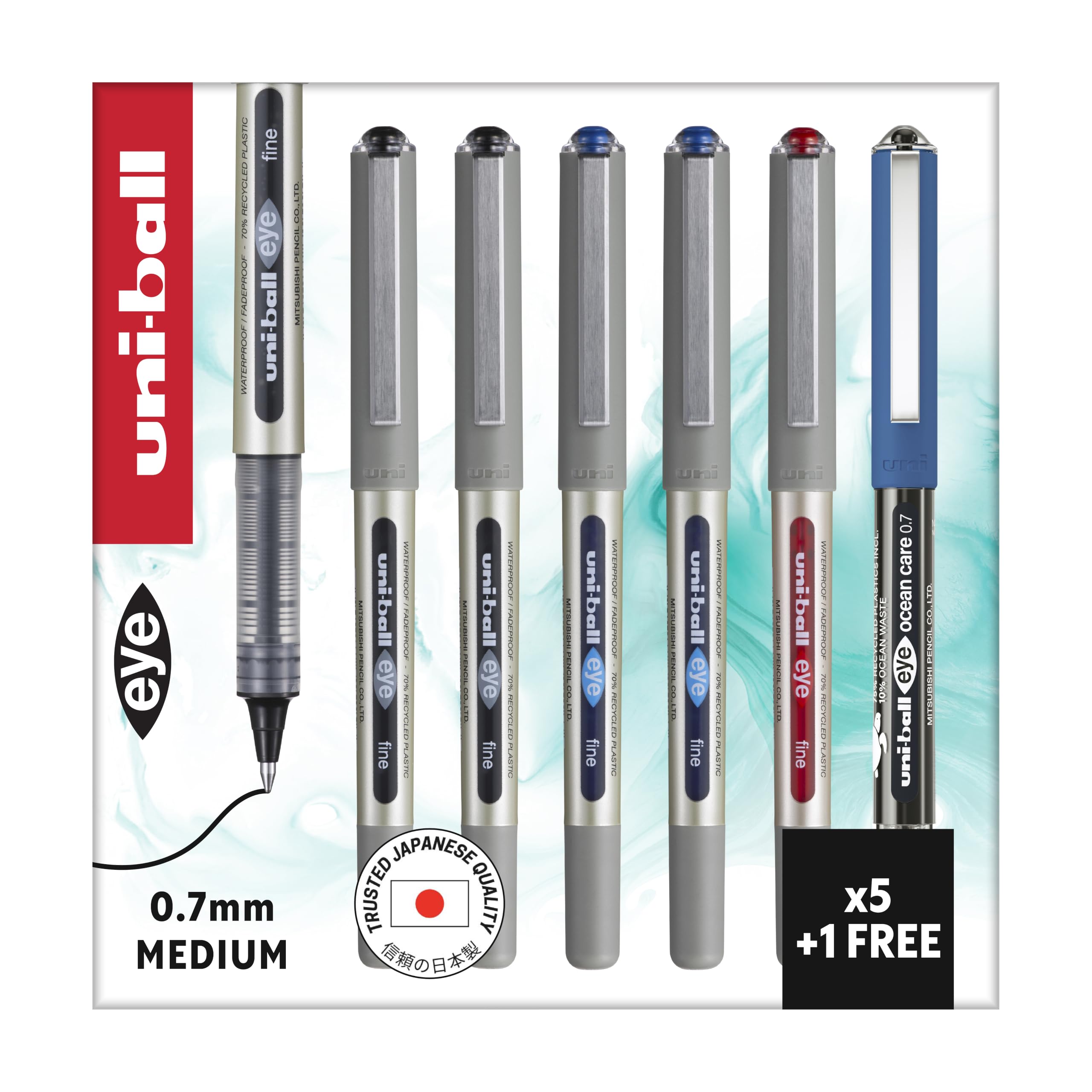 uni-ball Eye Rollerball Pens, 0.7mm, Black, Blue, Red (5-Pack + 1 Free Eye)
