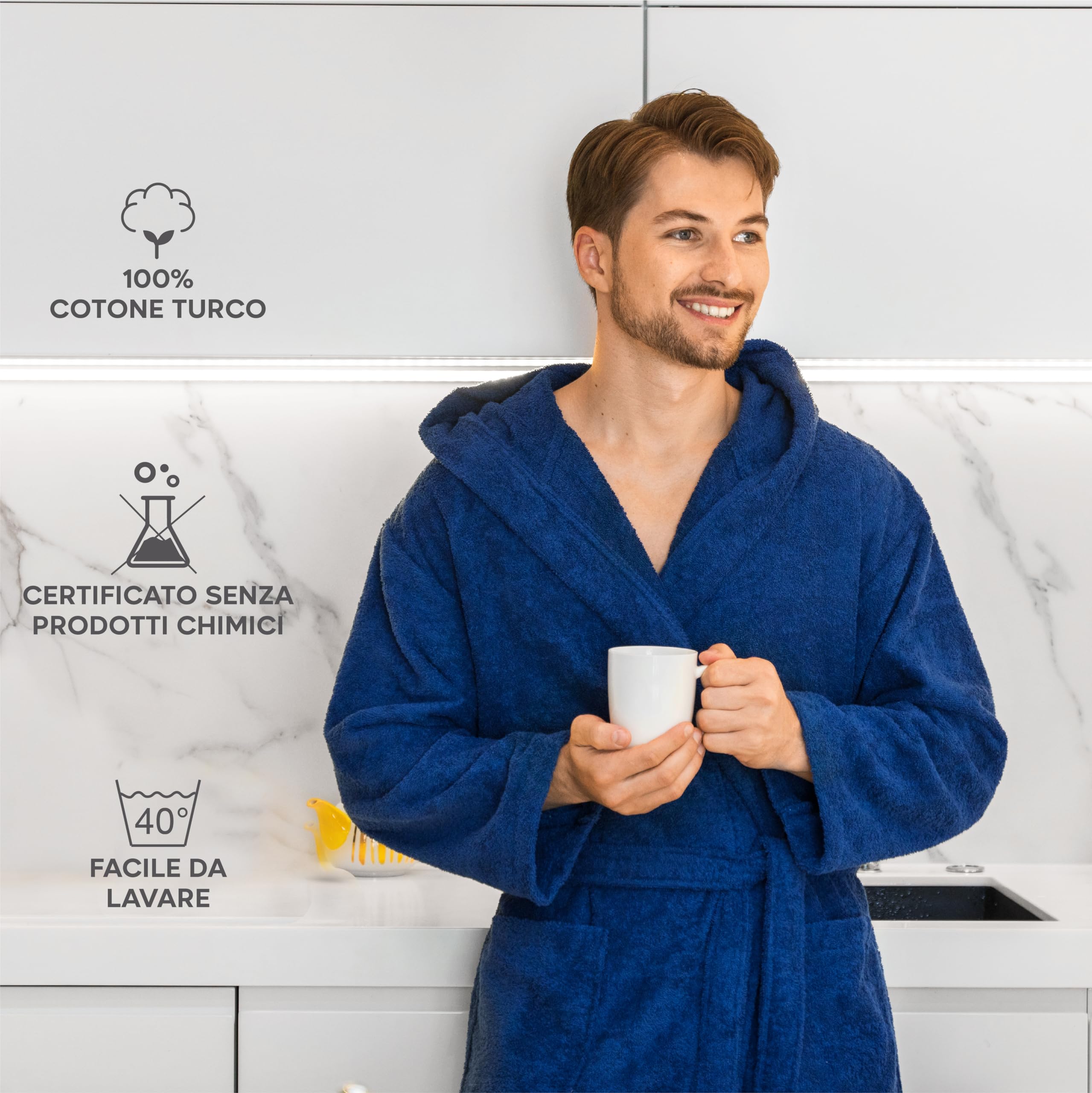 Twinzen Accappatoio per Uomo con Cappuccio in Spugna, 2 Tasche, Cintura Cotone Senza Prodotto Chimico, Oeko Tex - Vestaglia per Uscire dalla Doccia, Assorbente e Confortevole