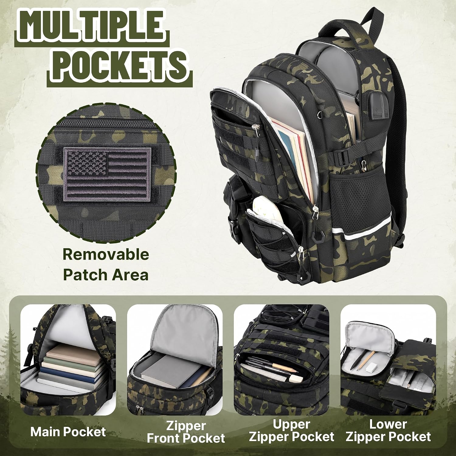 Boys Backpack with Lunch Box Set, 4 PCS Camo Kids School Bookbag for Boys image 3