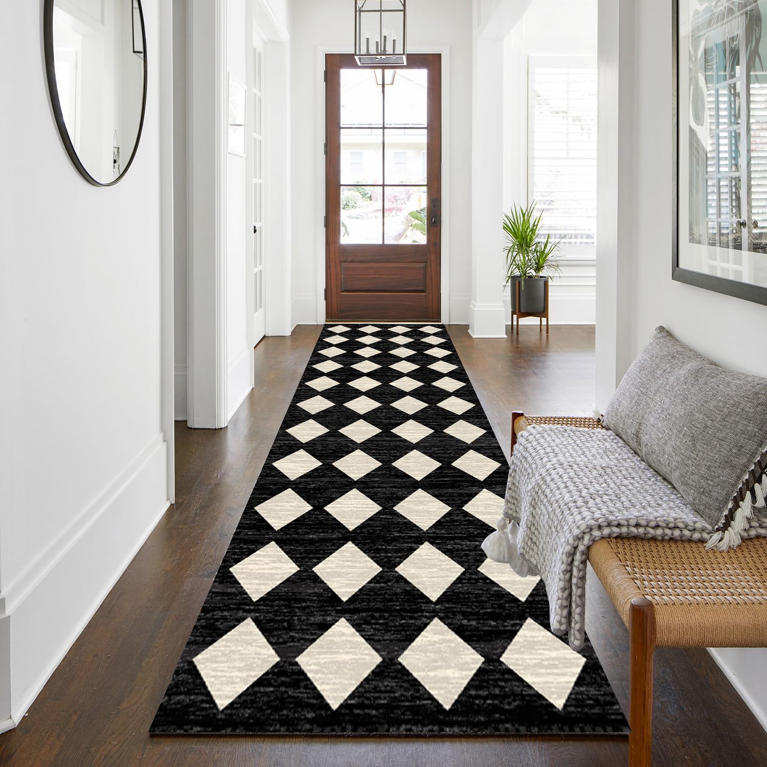 WTHYGB Teppich Läufer 80 x 250 cm, rutschfest Waschbar Teppichläufer, Küchenläufer Geometrie Design für Eingang, Küche, Wohnzimmer & Büro, Schwarzweiß