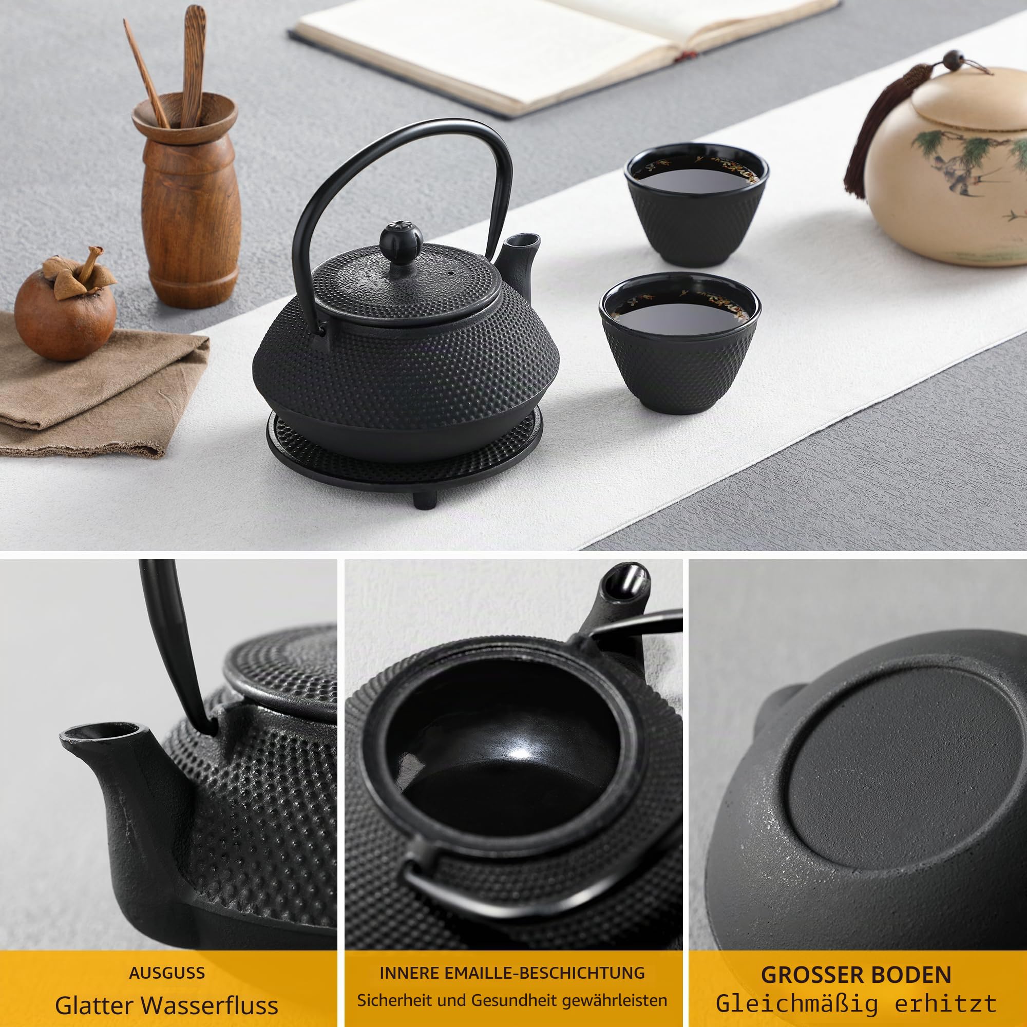 Velaze Teekanne mit Sieb im japanischen Stil, 680ML Teekessel Gusseisen, Teebereiter mit Abnehmbare Edelstahl-Sieb, Teekanne mit Basis und 2 Teebecher