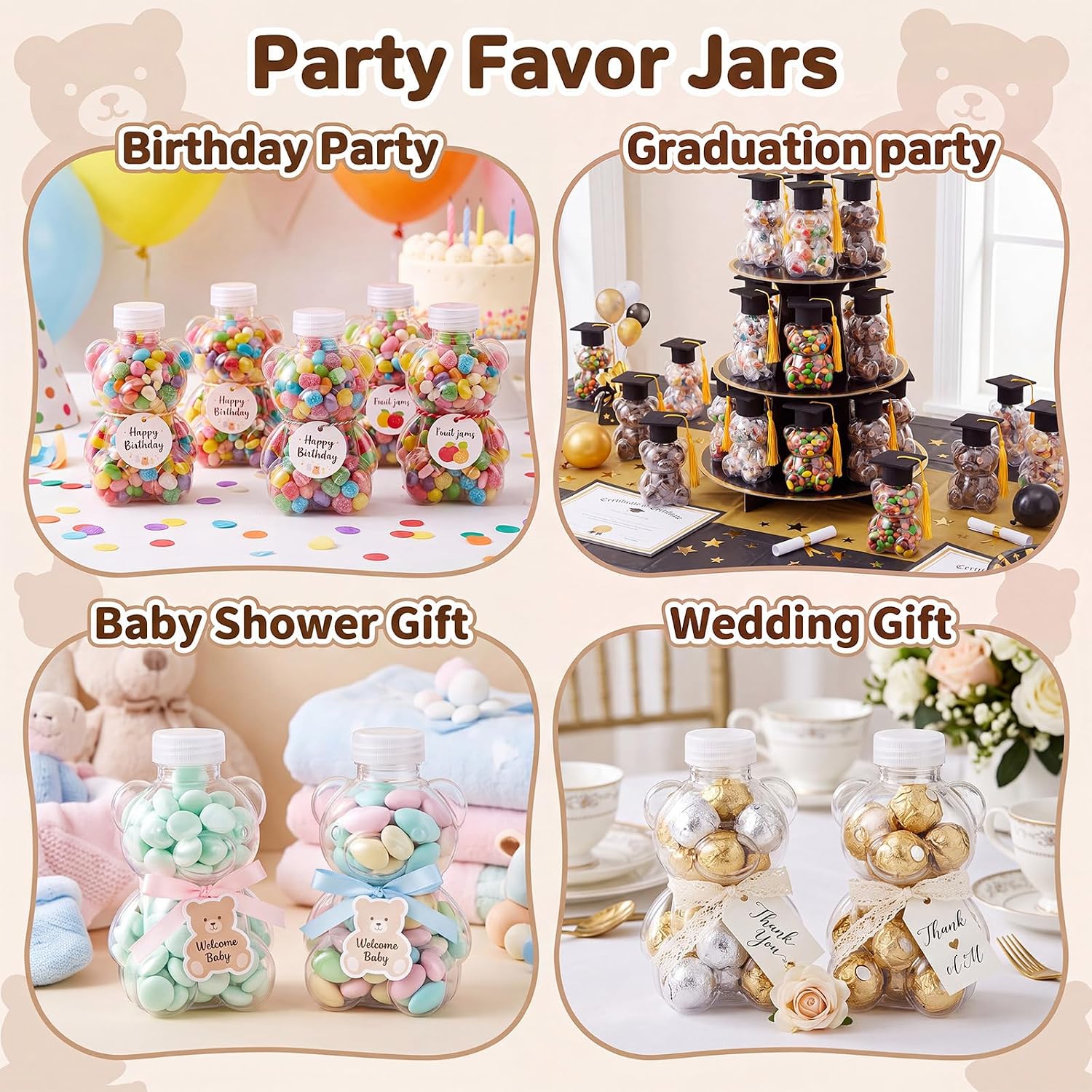 24 Set Graduation Cap Bear Jars Graduation Candy Boxes Containers Plastic Clear Bear Jars with Black Grad Cap and Tassel Grad Gifts Bulk for Party Favors Decorations (200 ml,Clear Eyes)
