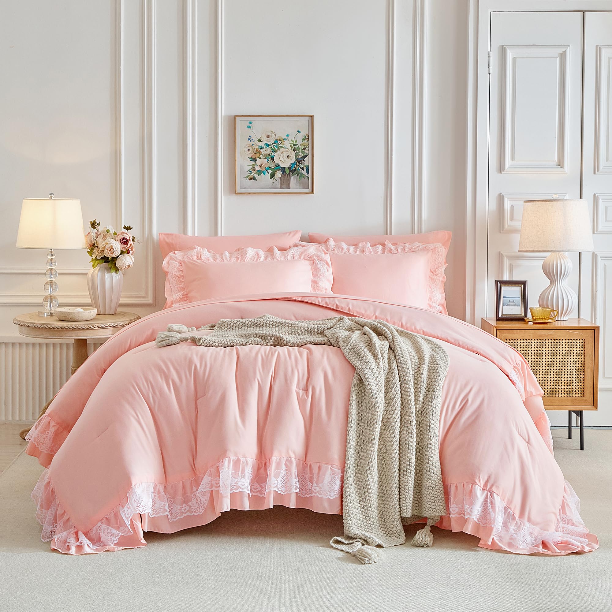 Joyreap Lace Ruffle Bed in a Bag Pink, Twin Size Microfiber 6pcs Ruffled Comforter Sheet Set for Girls, Princess Style Vintage Boho Chic Bedding
