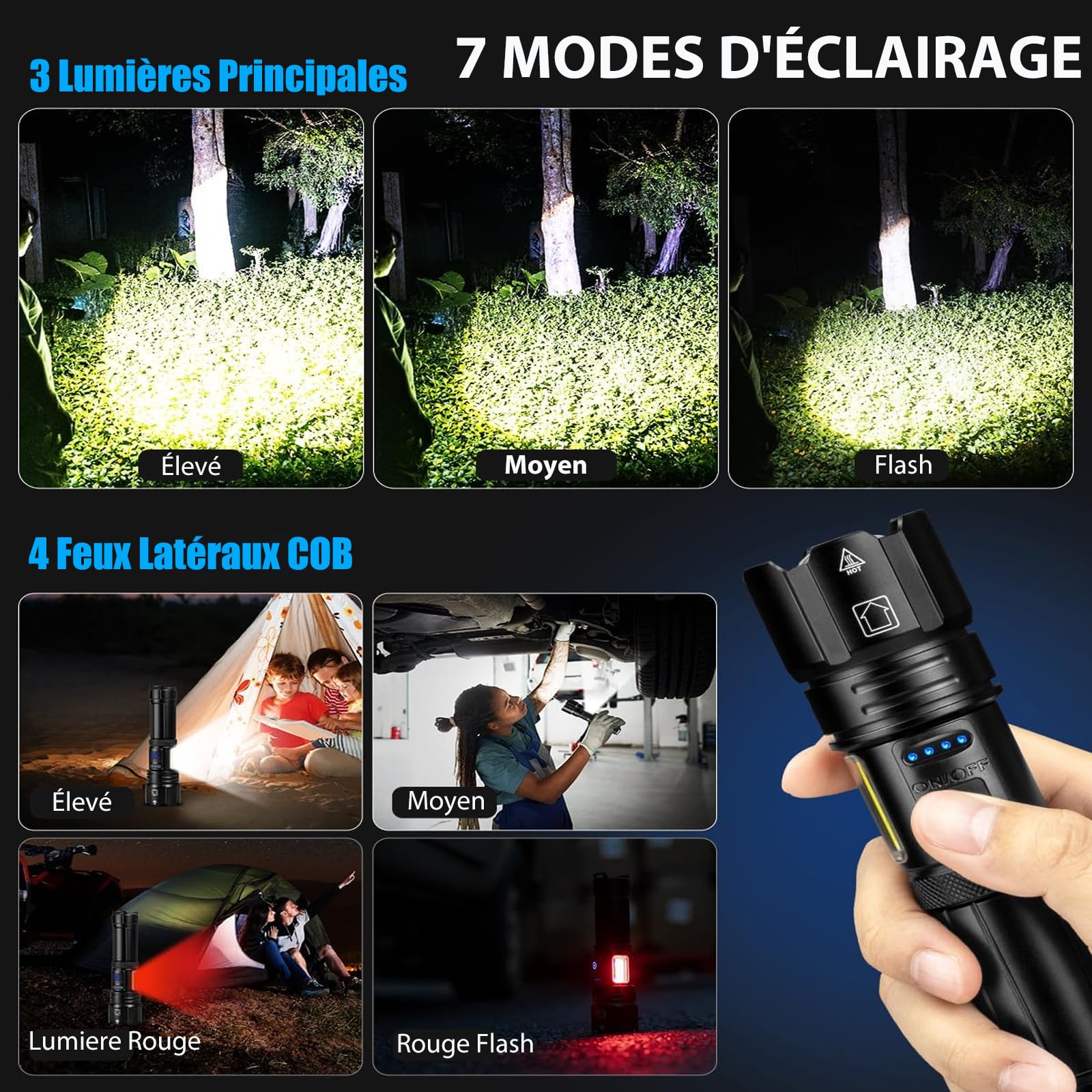 Lampe Torche LED Ultra Puissante, 1000000 Lumens Lampe Torche LED Rechargeable, 7 Modes Super Lumineuse, Longue Durée, IPX7 Étanche Idéal Pour Camping, Randonnée Et Urgences
