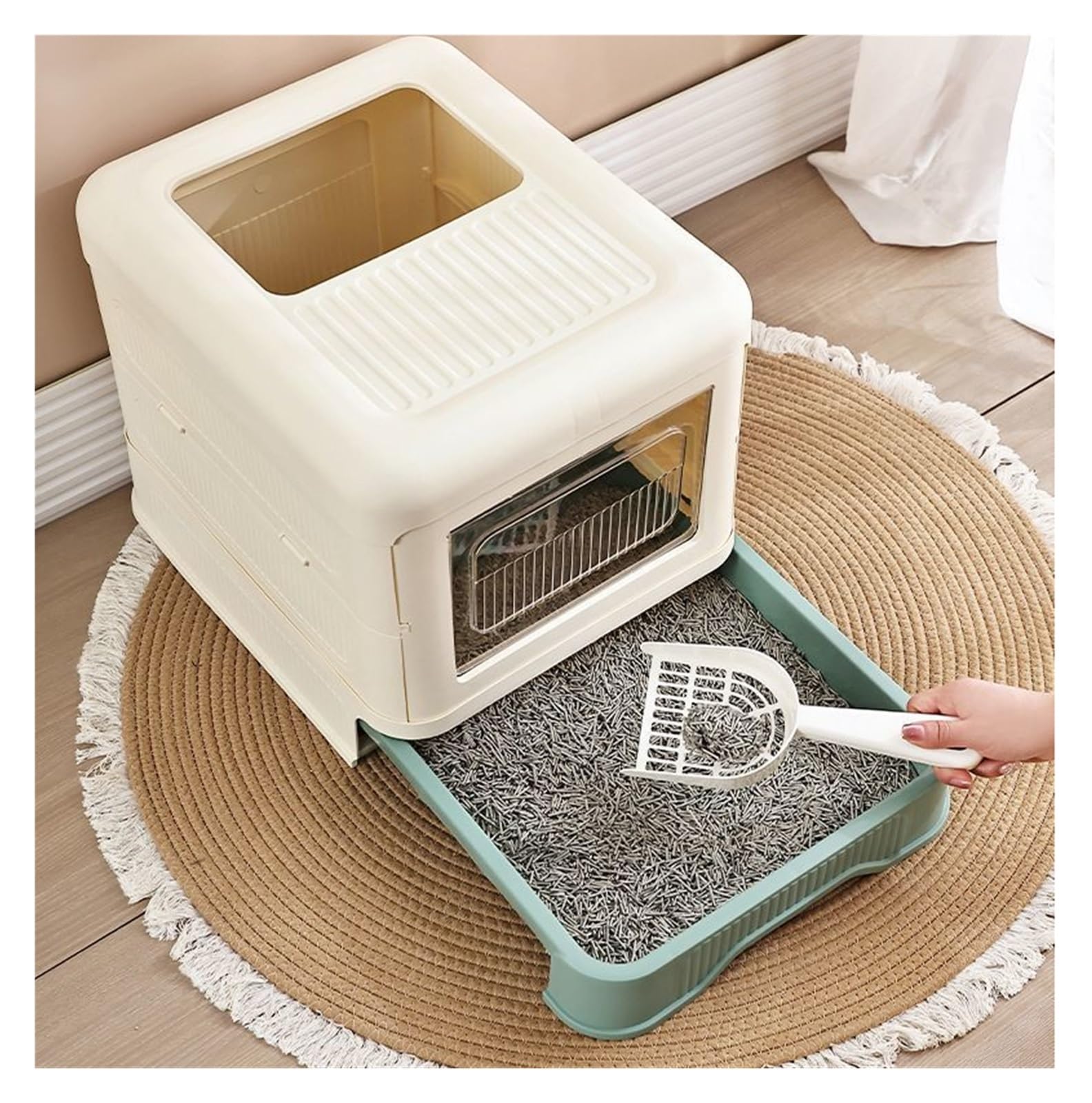 Caja de arena para gatos totalmente cerrada con tapa y cajón, plegable, entrada frontal, bandeja de salida superior, antisalpicaduras (gris)