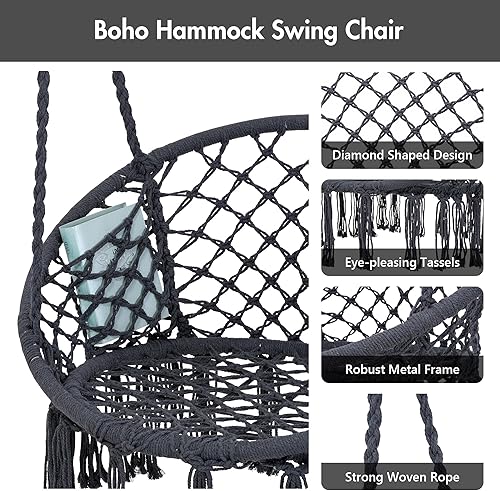 Miniatura 3 de ANOW Silla colgante con soporte incluido, hamaca resistente con soporte y cojín acolchado extraíble, máximo 400 libras, gris oscuro