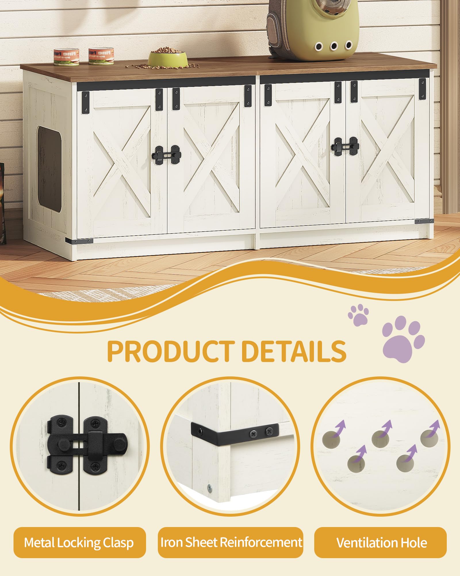 Hzuaneri Armario para Gatos, 119cm Blanco Marrón, Caseta para Gato Interior | 119 x 48 x 53,5 cm, Mueble Arenero Gato para 2 Gatos, Mueble de Caja de Arena Oculto, Estilo Granja, CB85314X