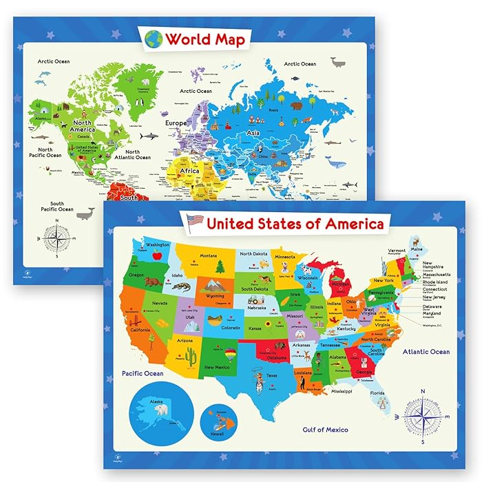 Buy 2 Pack World Map Poster for Kids Wall and United States Map for