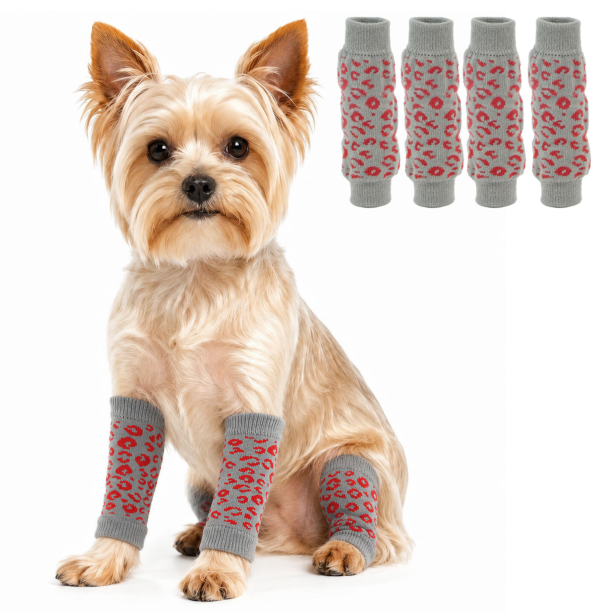PUMYPOREITY 4 Pcs Dog Leg Warmers, Dog Lick Sleeve Back Leg, Hygroma Elbow Pads, Keep Pet From Constantly Licking On-Legs(Grey leopard, L)
