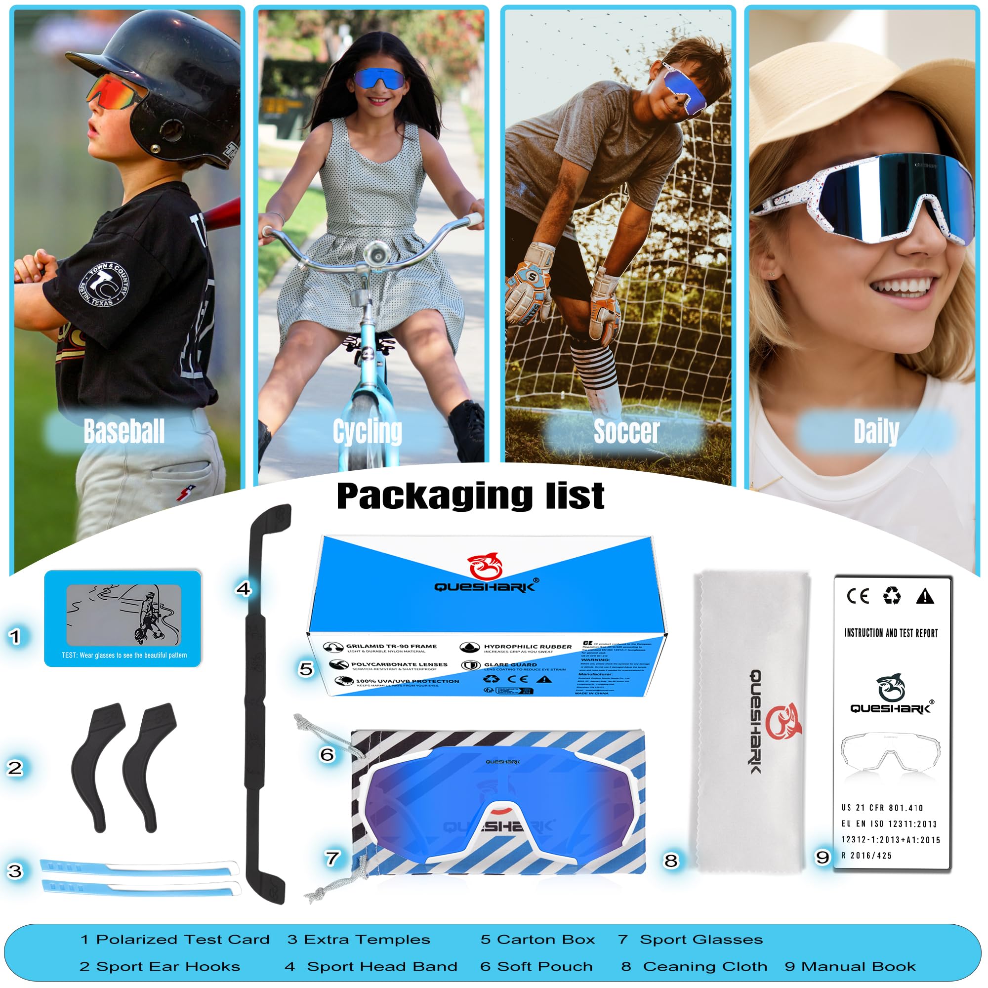 Queshark Fahrradbrille Kinder 8-16, Schutz Kinder Sonnenbrille UV400 für Jungen Mädchen Schutzbrille Outdoorsport