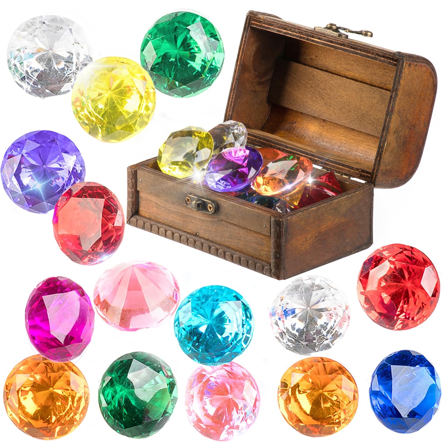 Diving Gem Pool Toy 15 Big Colorful Diamond Set with Big Treasure Chest Pirate Box Underwater Gem Diving Dive Throw Toy Set Swimming Training Gift Toy