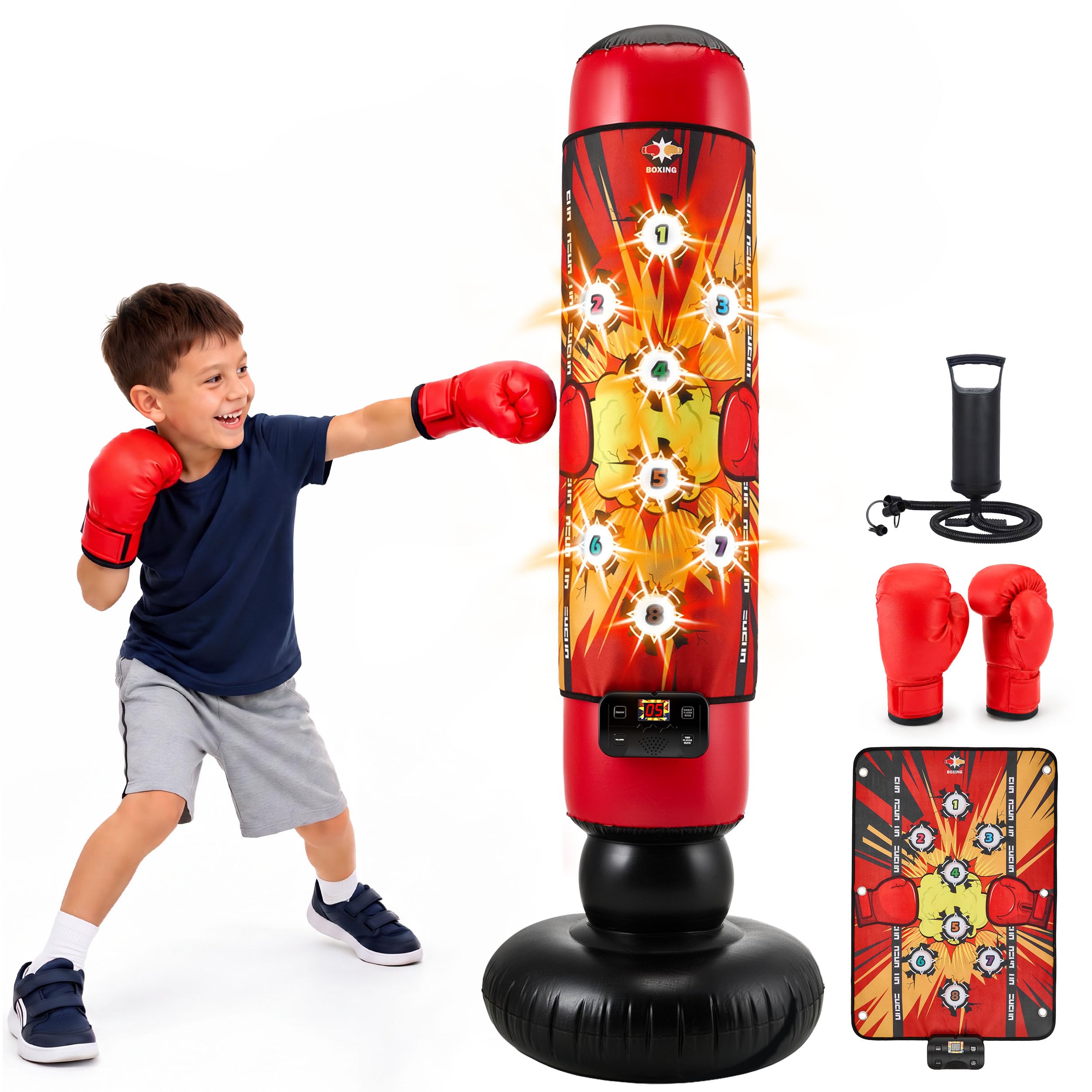 Set da boxe per bambini con guanti da 227 g e pompa, sacco da boxe gonfiabile con musica, luce e 4 modalità, allenamento di arti marziali autoportante con bersaglio adesivo, per ragazzi e ragazze 6-12