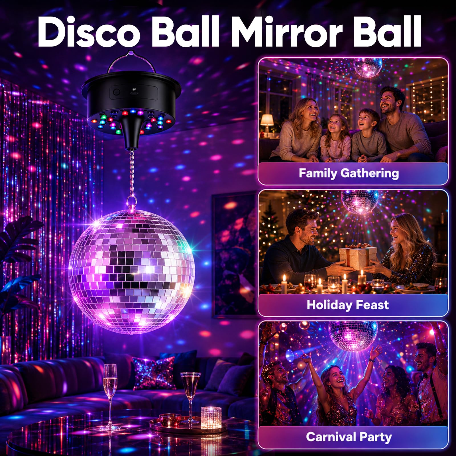 20CM Boule à Facettes avec 30 LED, Boule Disco Lumineuse Rotative, 6 tr/min, Alimentation par Piles ou Cordon d'Alimentation, Suspendre, Idéale pour Fête, Soirée Disco, Décoration de Maison, Bar