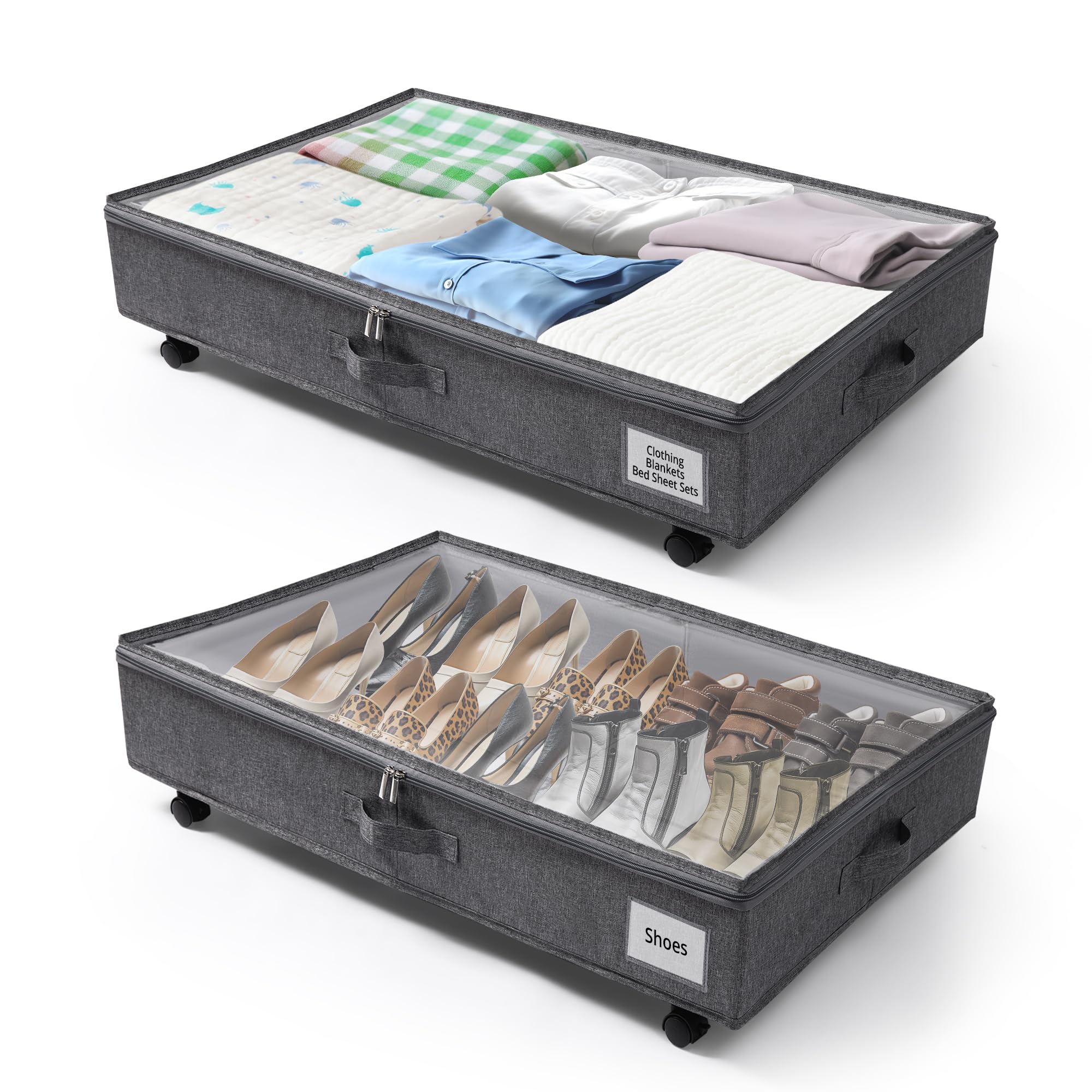 KitHreo Under Bed Storage with Wheels, 2 Pack Under Bed Storage Containers, Rolling Under Bed Organizer with Handle, Label and Clear Lid, Under Bed Drawers on Wheels for Clothes, Shoes, Toys, Grey