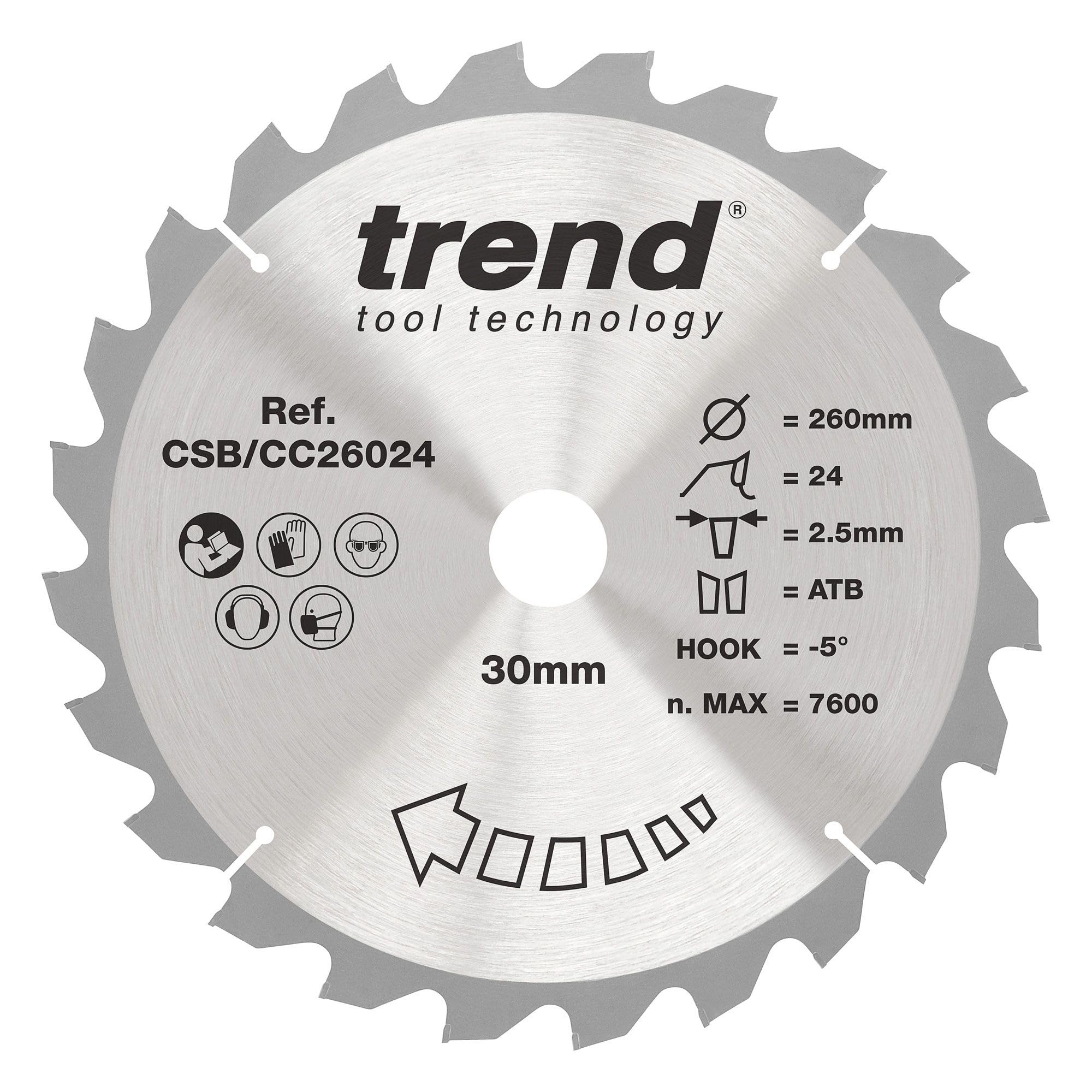 Trend 260Mm X 24 Teeth X 30Mm Bore Wood Mitre Saw Blade, 260Mm Diameter, 30Mm Bore, 24 Teeth, 2.5Mm Kerf, -5° Hook, Tct, Coarse Finish, Csb/Cc26024