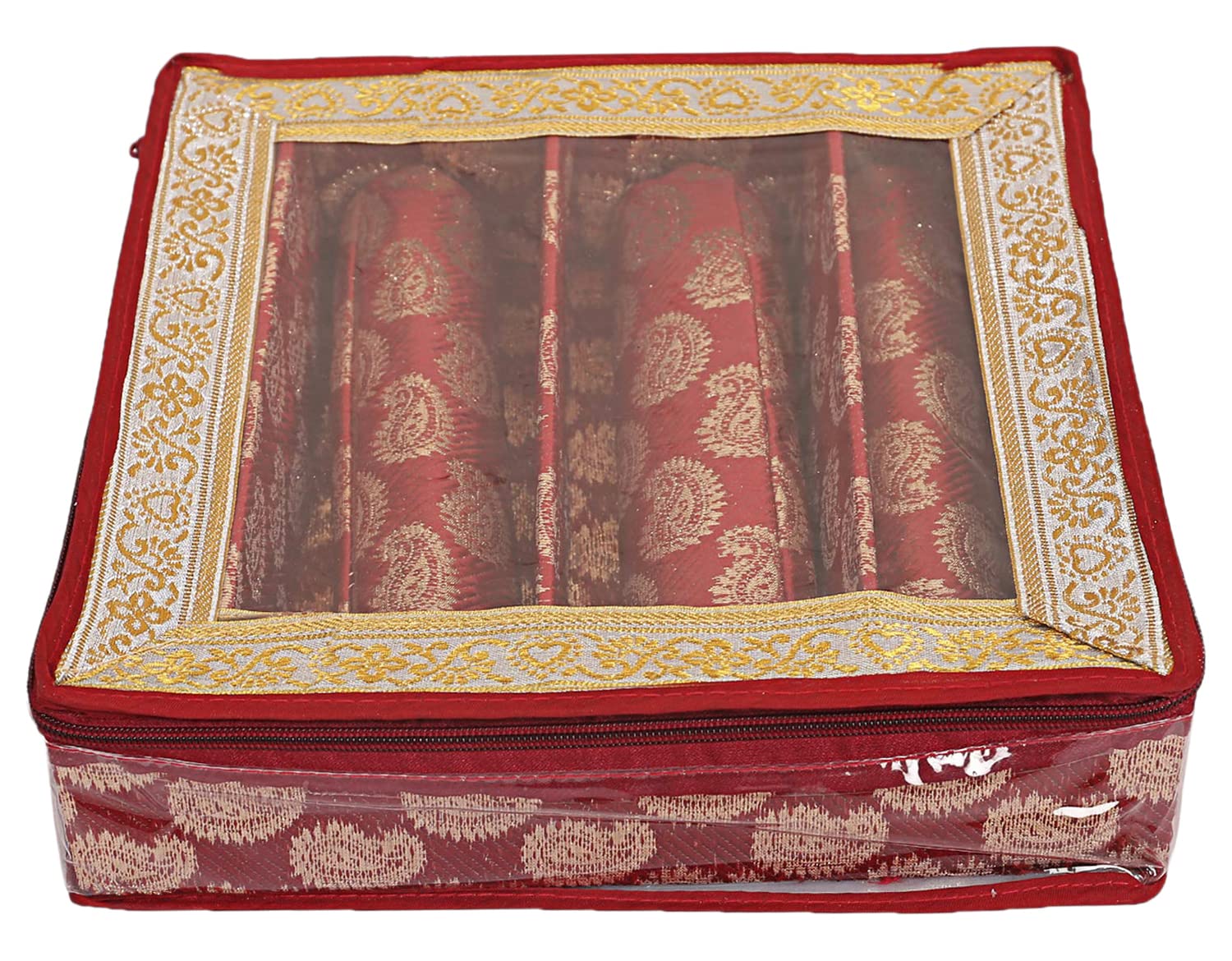 Kuber Industries Multipurpose Ornament Circle Design Laminated 3 Rod Bangle Box/Organizer/Case With Tranasparent Top (Red)-47KM0417