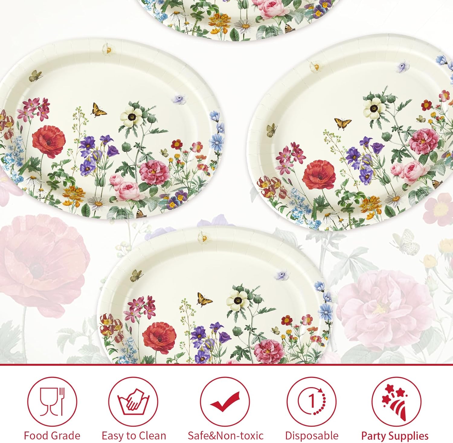 50Pcs Wild Flower Oval Paper Plates 10" x 12" Large Heavy Duty Disposable Vintage Wildflower Platters Spring Floral Dessert Plates for Wedding Bridal Baby Shower BBQ Tea Dinner Party Supplies - Image 3