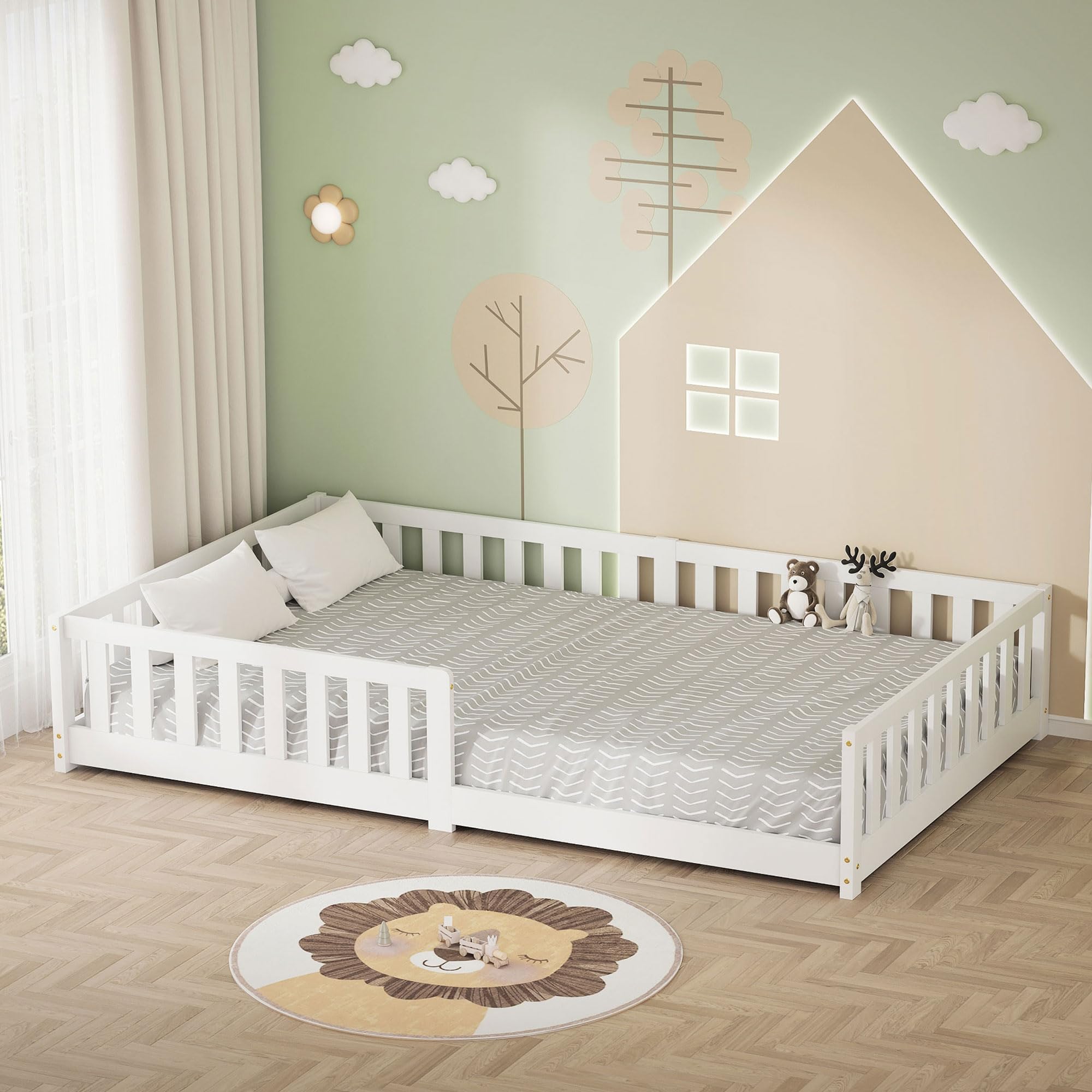 ML-Design Lózko Dzieciece 120x200 cm Bialy Podlogowe Lózko Montessori dla Dzieci z Solidnym Stelazem i Zabezpieczeniem przed Wypadnieciem z Litego Drewna Sosnowego Komfortowe Lózko Pojedyncze