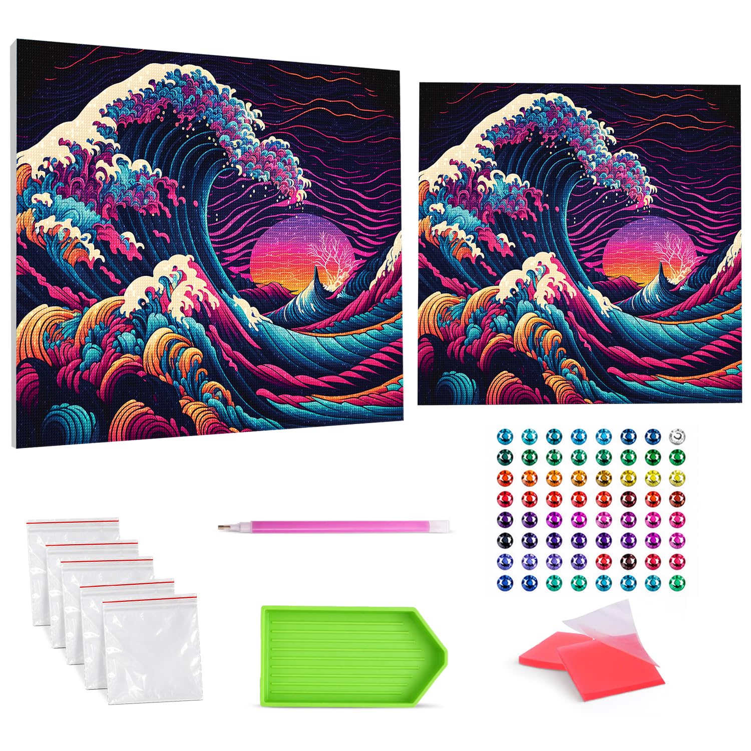 Splat Planet Multicoloured Great Wave Framed Diamond Painting Kit, Rhinestone, Framed Diamond Art, 5D Diamond Painting Kit, Home Wall Decoration,Arts And Crafts For Adults,Kids,30X40cms
