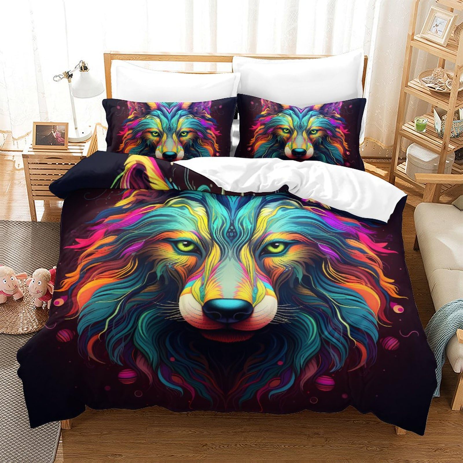 Housse de couette loup 3D 220x240 cm en microfibre avec 2 taies d'oreiller pour lit King