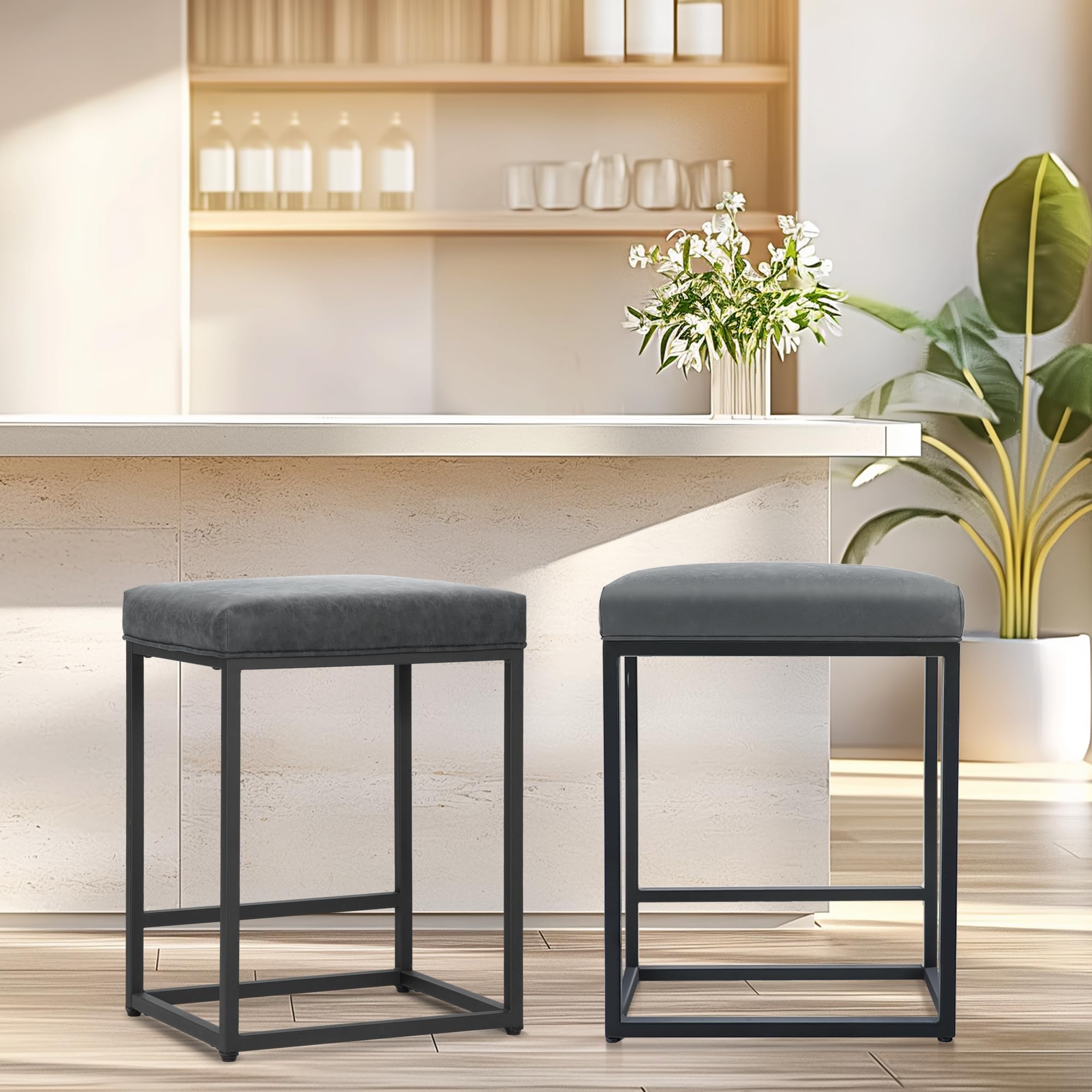 ALPHA HOME 2 taburetes de bar con reposapiés, sillas de cocina, de piel sintética, sin respaldo, taburetes de bar, para interior y exterior, comedor, bar en