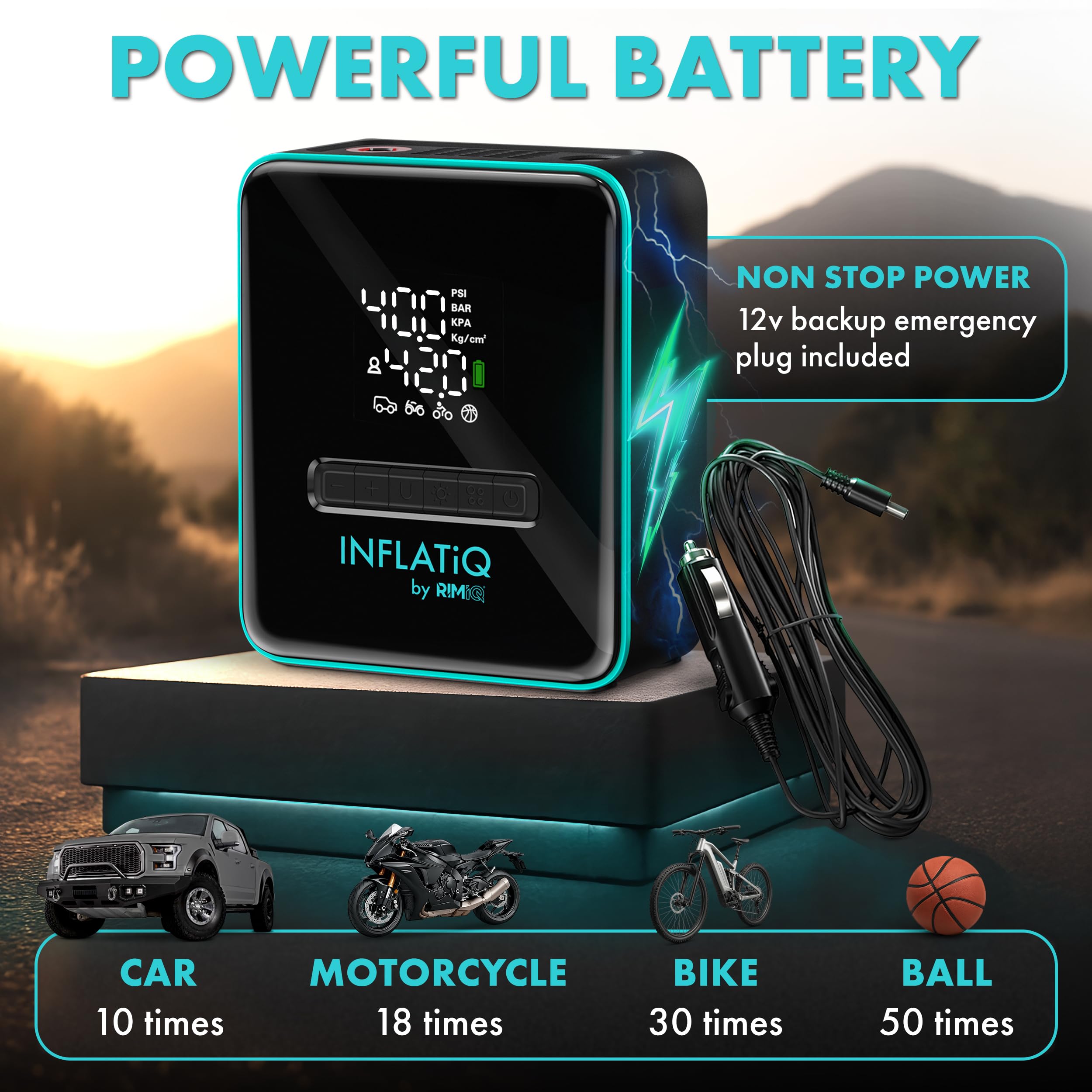InflatiQ by RIMiQ pompka do opon – wydajna, wielokrotnie nagradzana technologia QWIKFLOW z 2 przenośnymi opcjami wydajności w zestawie – mocna pompka powietrza do samochodów ciężarowych, samochodów
