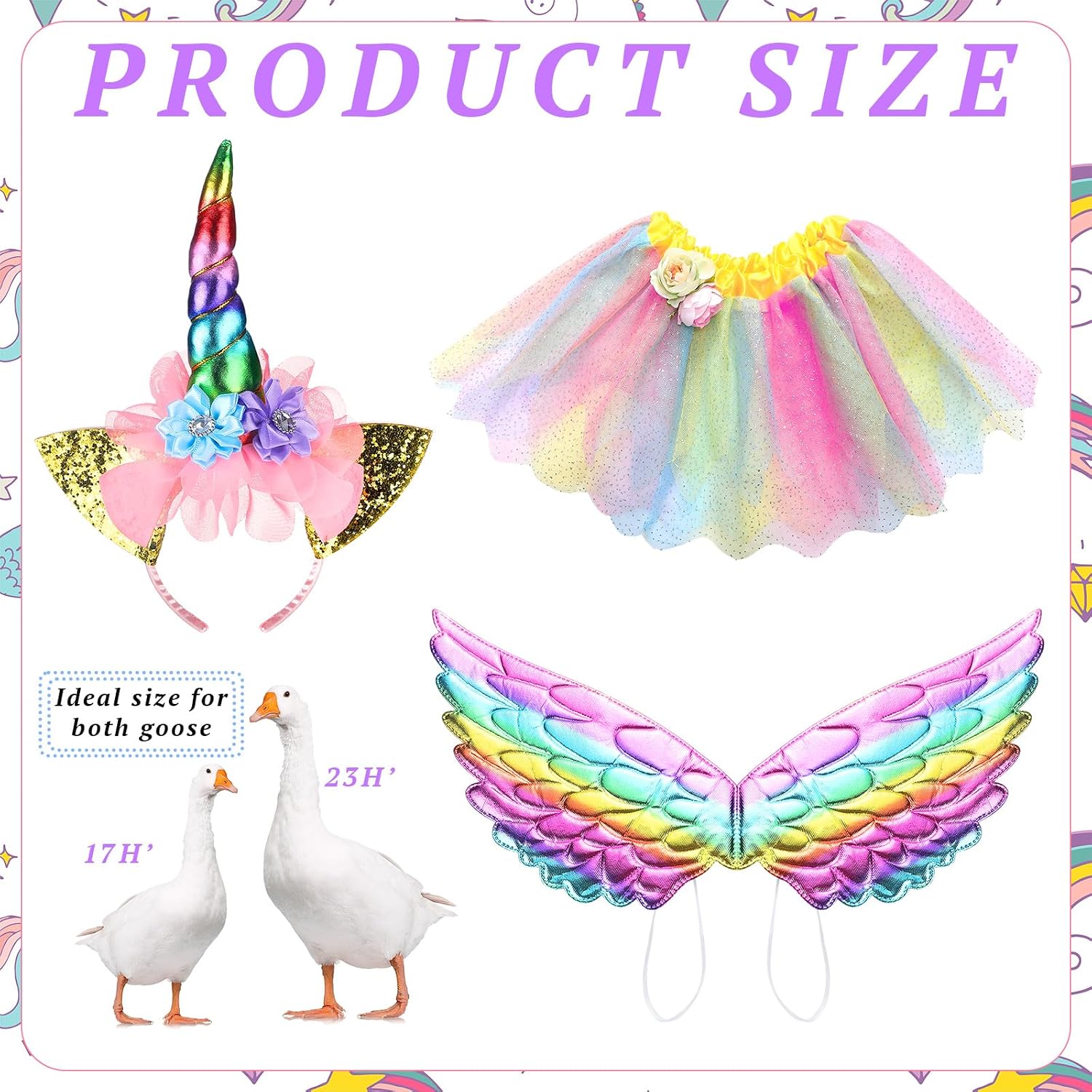 Abbylike Unicorn Porch Goose Outfit Rainbow Goose Costume for 23'' H Cement Statue with Tutu Skirt Unicorn Headband Wing for Party Outdoor Yard Lawn Garden Patio Decor image 4