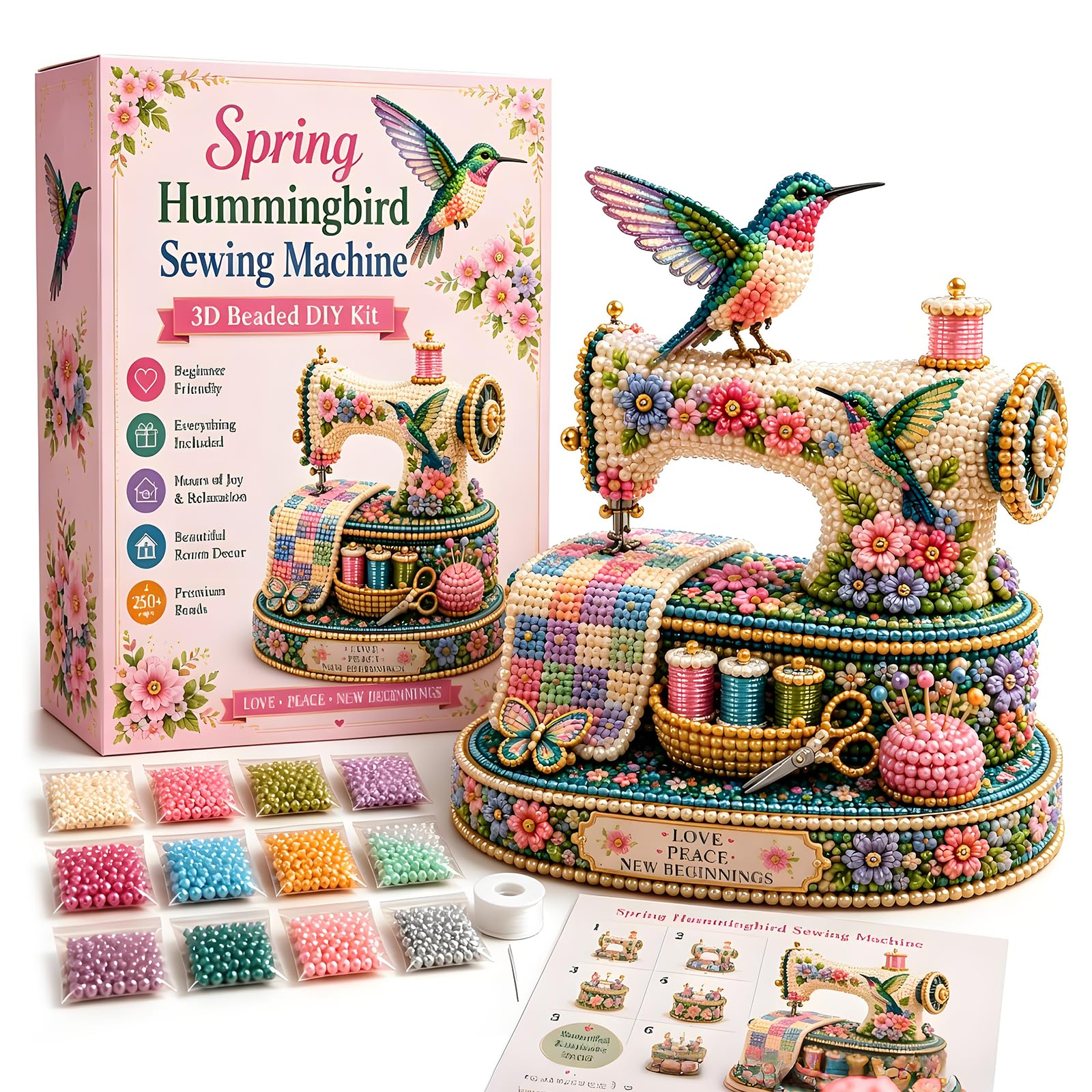 OUOAENR Vintage Hummingbird Sewing Machine 3D Beads DIY Kit
