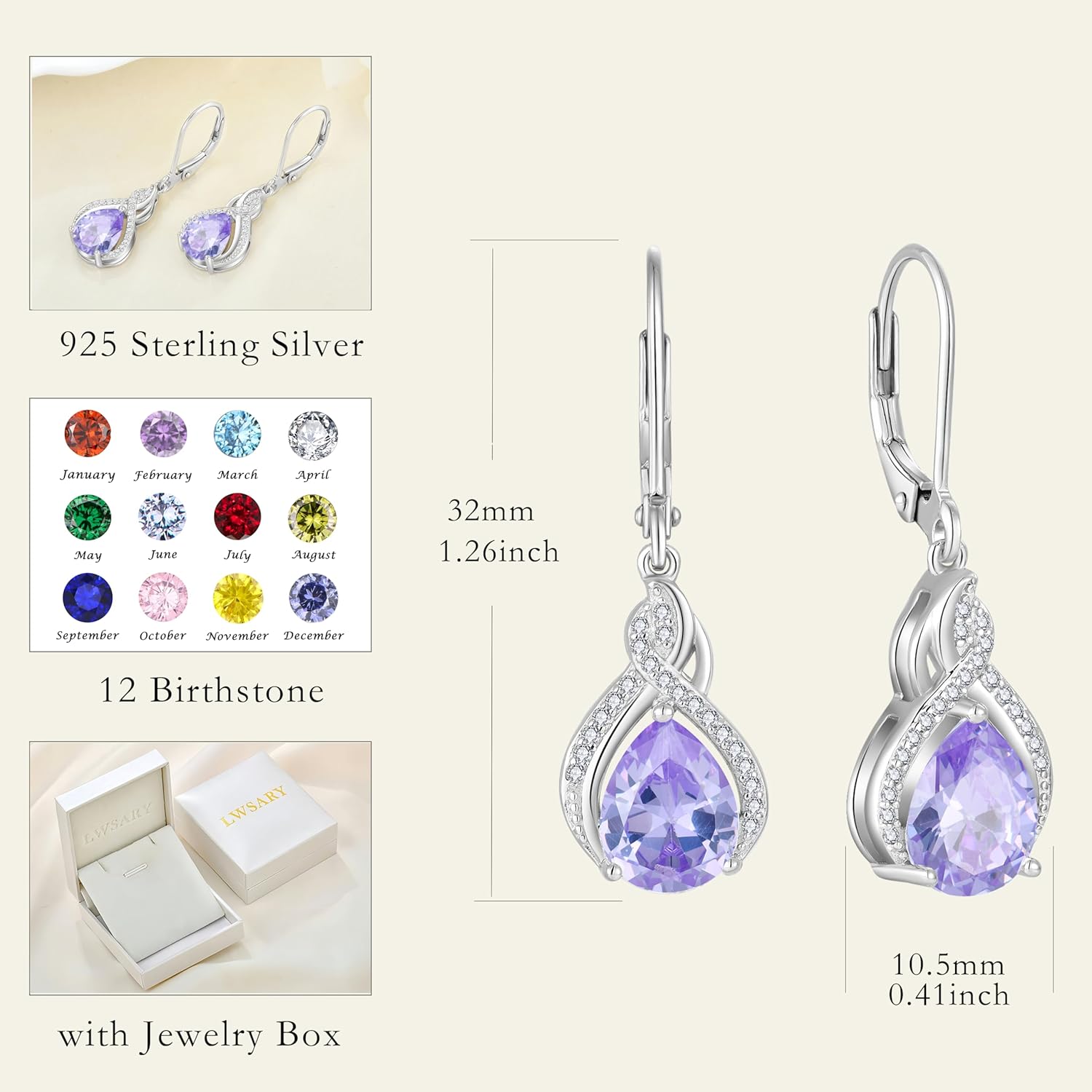 Infinity Teardrop Earrings 925 Sterling Silver Dangle Drop Leverback Earrings Pear Shaped Birthstone Jewelry Gifts for Women - Image 6