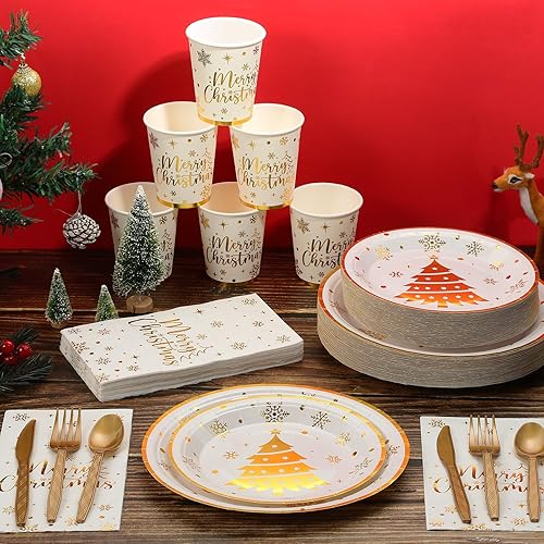 Miniatura 5 de 175 platos y servilletas de Feliz Navidad, suministros de fiesta, color blanco y dorado, desechable, árbol de Navidad, copos de nieve, platos de