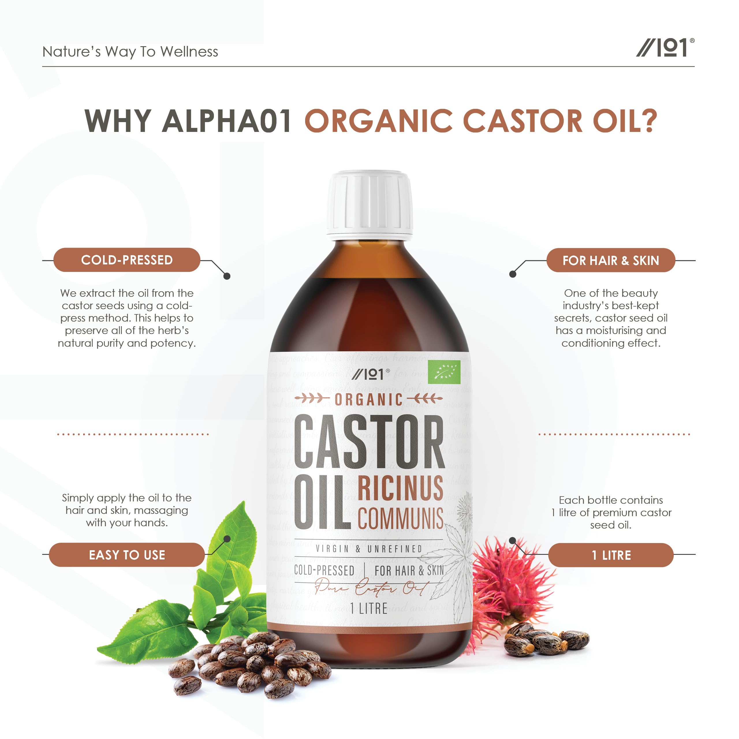 Organic Castor Oil 1 Litre, 100% Unrefind & Cold Pressed, Hexane Free (PET Bottle), for Skin & Hair, Sustainably Sourced - Image 2