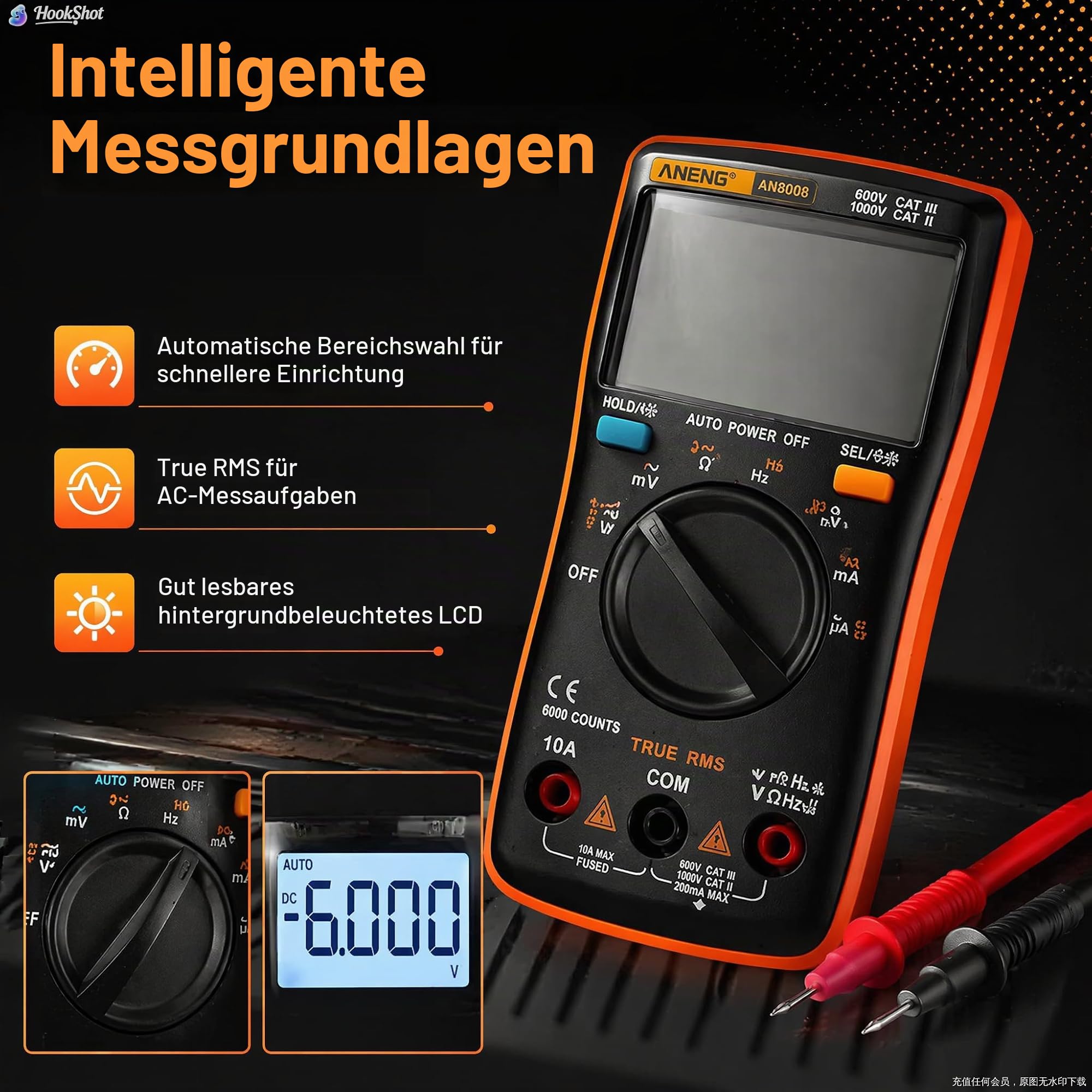 AN8008 Digital Multimeter mit 9999 Zählungen, Mit Großes LCD-Anzeige und faltbar Ständer, Strommessgerät Voltmeter, Misst genau Spannung Strom Widerstand Diode Durchgang