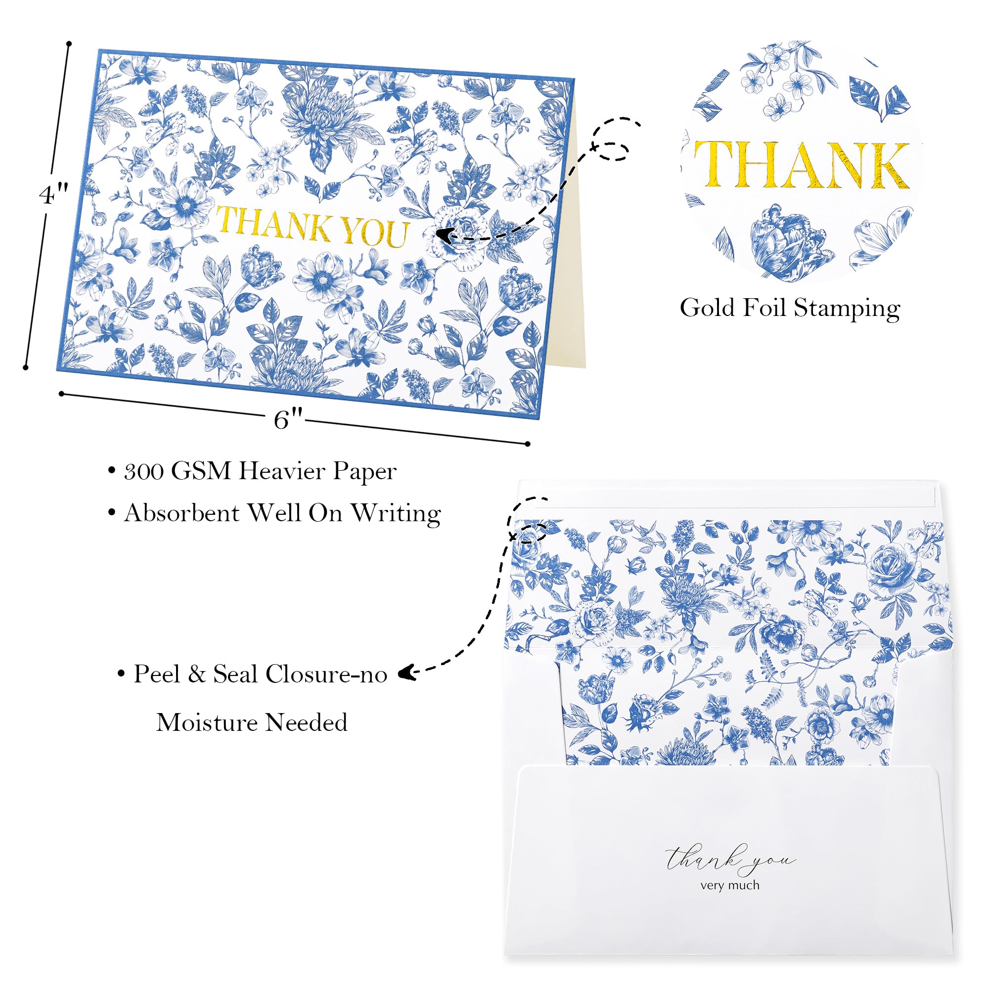 Crisky Lot de 50 cartes de remerciement florales bleues en feuille d'or avec enveloppes et autocollants pour anniversaire, fête prénatale, fête prénuptiale, mariage, remise de diplôme, affaires