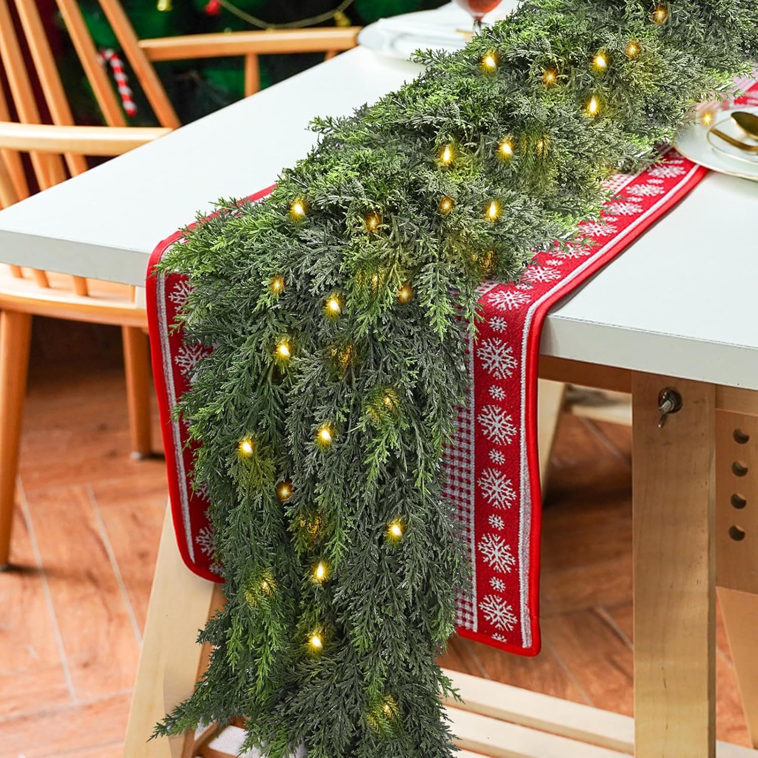 9FT Thick Christmas Garlands with 240 Cedar Branches, 50 Lights, Green Cedar Garland for Christmas Decorations, Artificial Greenery Garland for Table Mantle Wall Indoor Outdoor Holiday Decor - Image 7