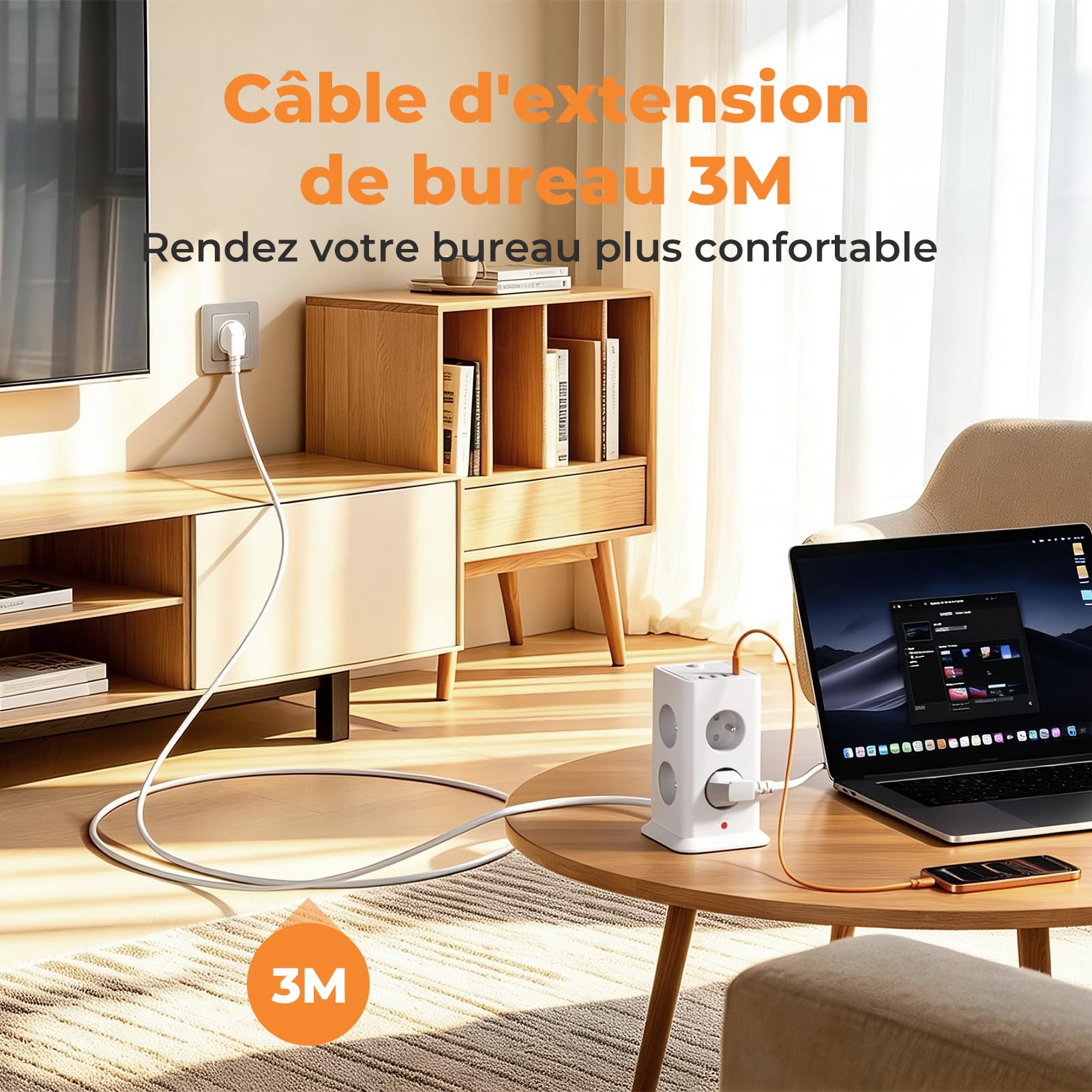 12-in-1-Mehrfachsteckdose mit Schalter, Steckdosenleiste mit 8 AC-Steckdosen mit 4 USB-Anschlüssen, Steckdosenleiste Überspannungsschutz und Überspannung mit Schalter, 3680 W, Kabel 3 m, für Haus