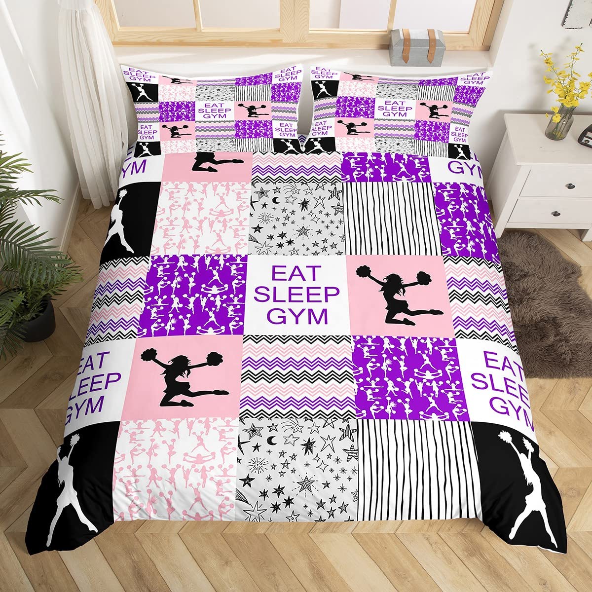 Cheerleading Bettwäsche Set für Kinder, Mädchen, Teenager und Erwachsene - Bettbezug 135 x 200 cm - Geometrisch Kariertes Design mit Sternenhimmel - Lila Pink