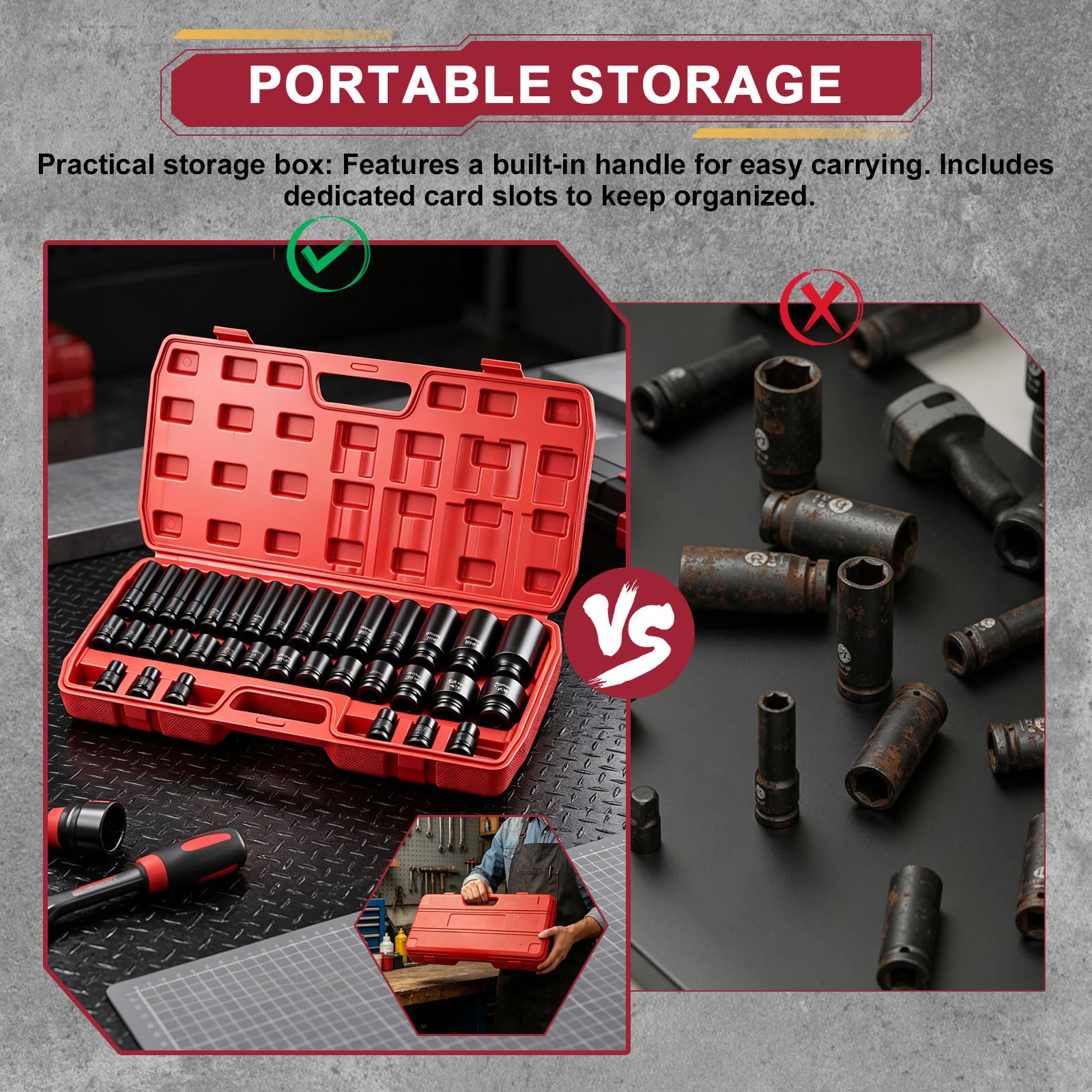 Set Chiavi a Bussola 1/2 35 Pezzi, 8-32mm Bussole a Impatto Lunghe, Set Bussole 1/2 Esagonali CR-MO, 6 Punti per Meccanica Auto con Custodia, Chiave Bussola per Avvitatore