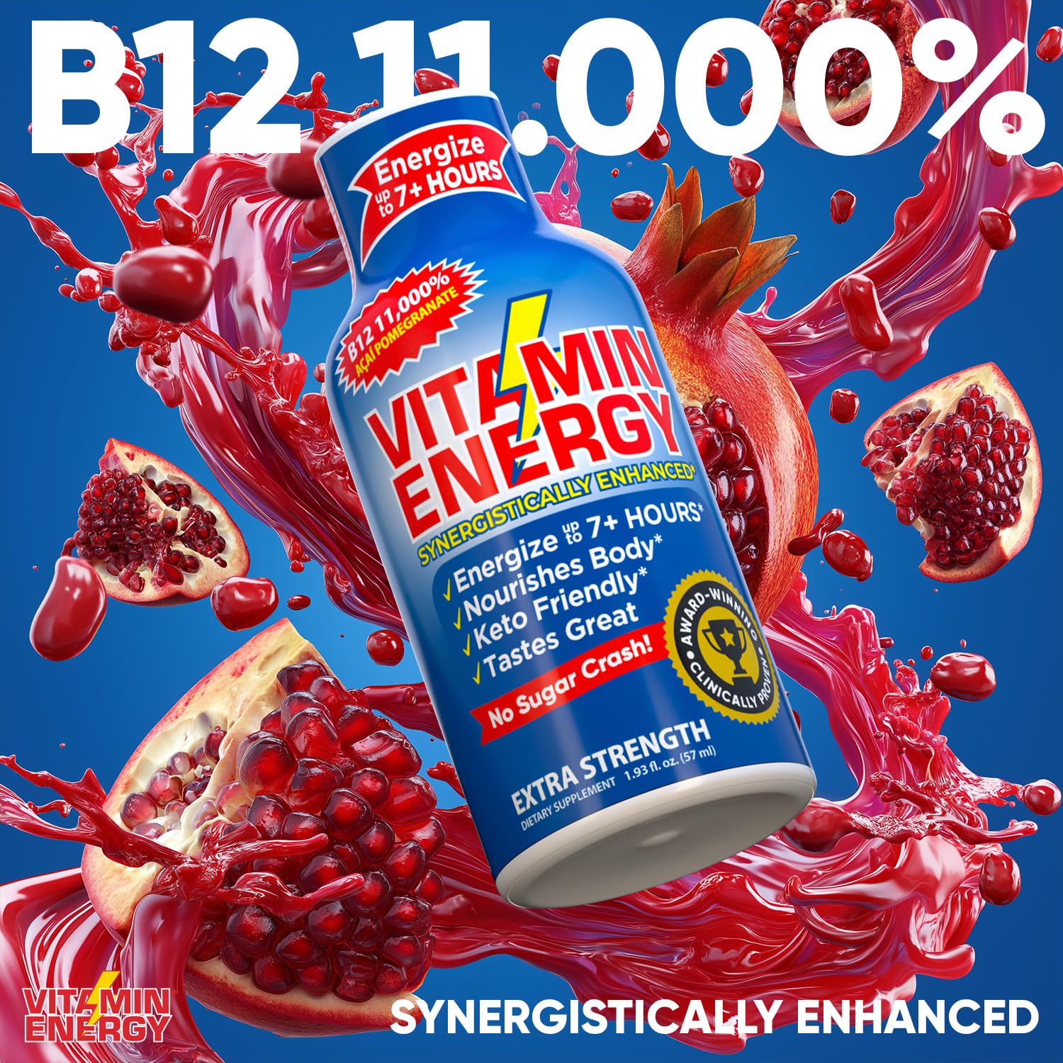 Vitamin Energy B12 11,000% Extra Strength Energy Shot Açaí Pomegranate 12 Pack, 260mg Natural Caffeine, B12 & B6, Nootropic Focus, Vitality, Zero Sugar, Gluten-Free, Vegan, Kosher, 1.93 fl oz - Image 4