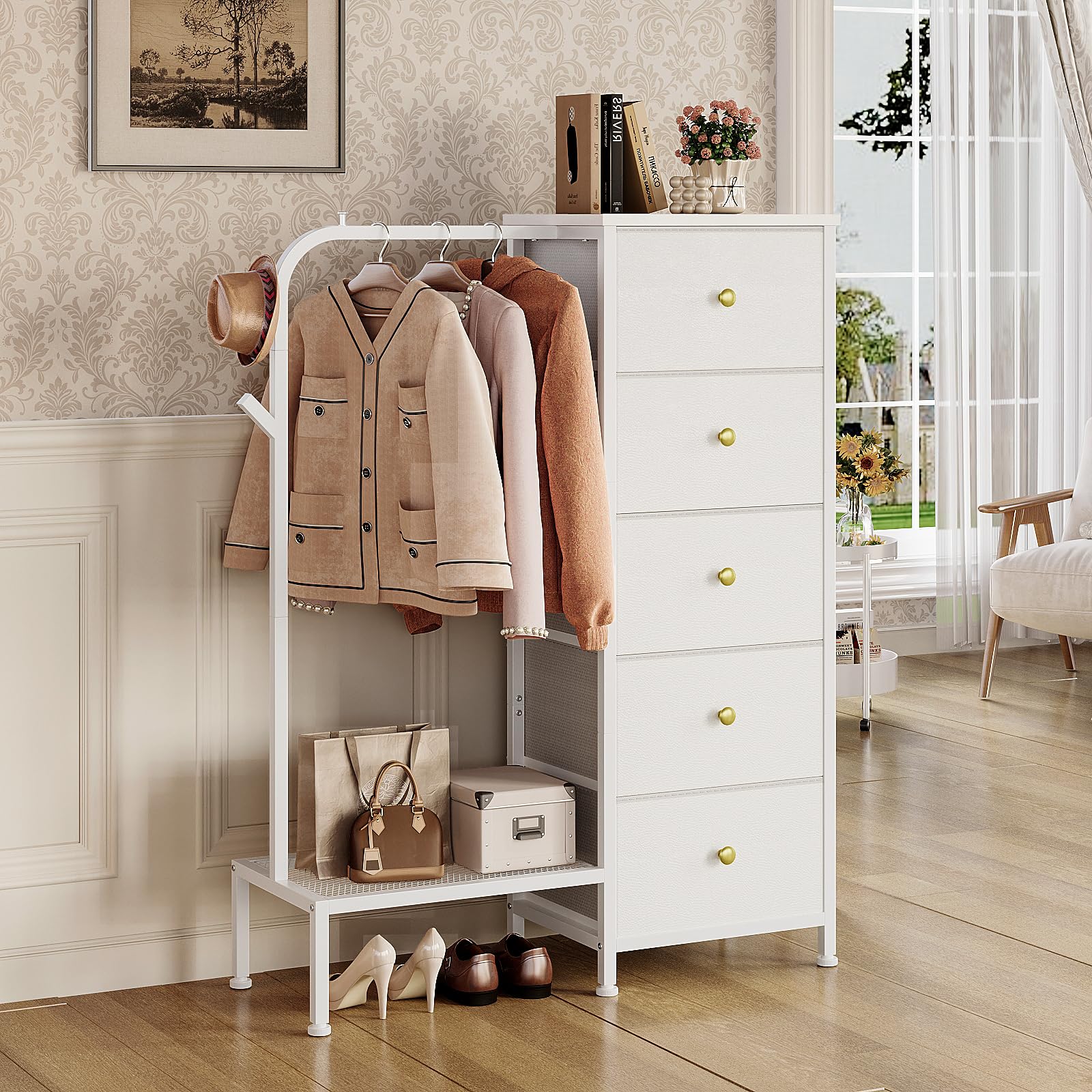 Trironsun Armadietto in tessuto sottile con 5 cassetti e asta appendiabiti per bambini, con mensola pensile, reversibile, salvaspazio, per camera da letto o cameretta dei bambini (bianco)