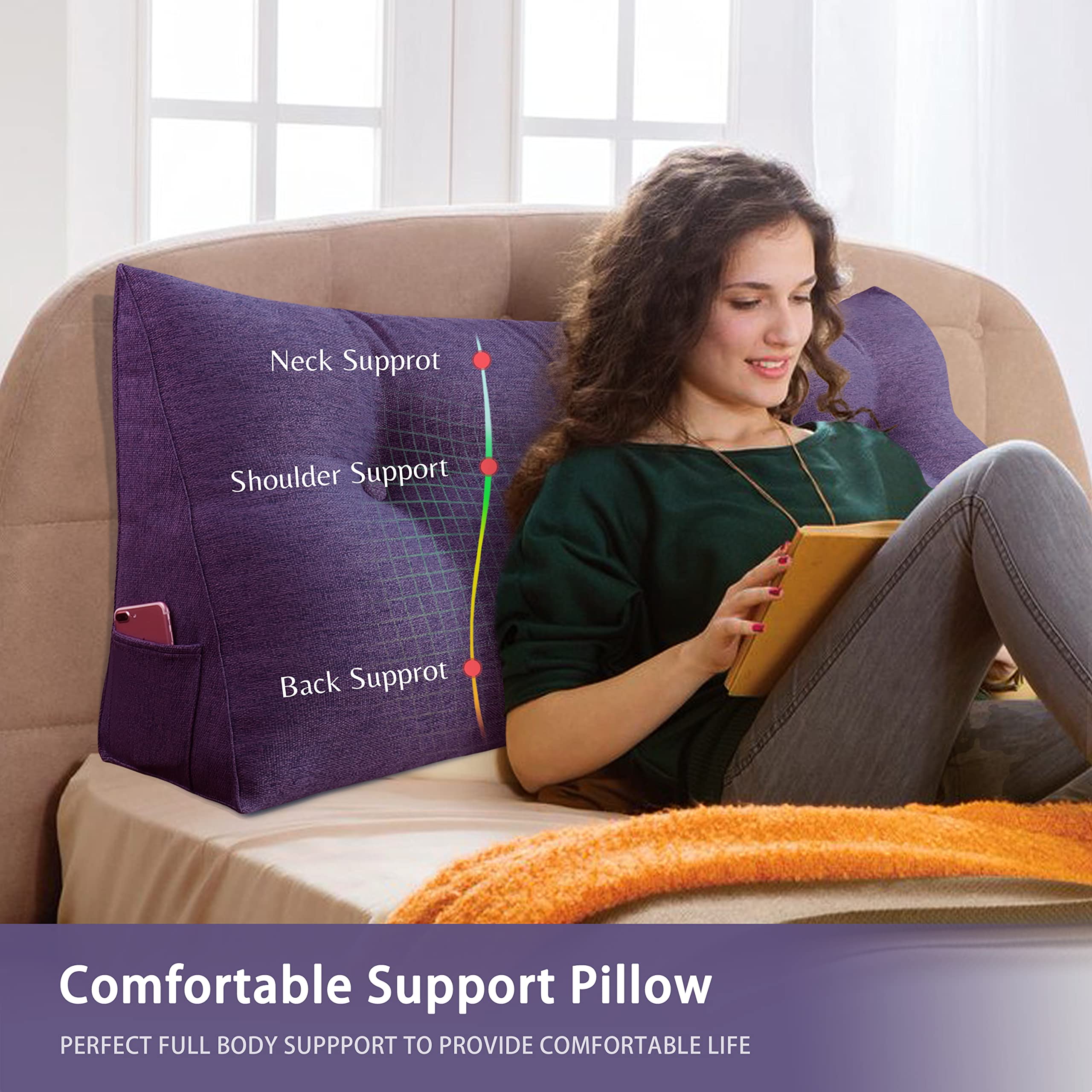 VERCART Triangular Headboard Wedge Pillow Daybed Pillows Bed Headboard Pillow Wedge Bed Rest Reading Pillow Gap Filler Triangle Back Cushion Lumbar Positioning Upholstered Linen Queen