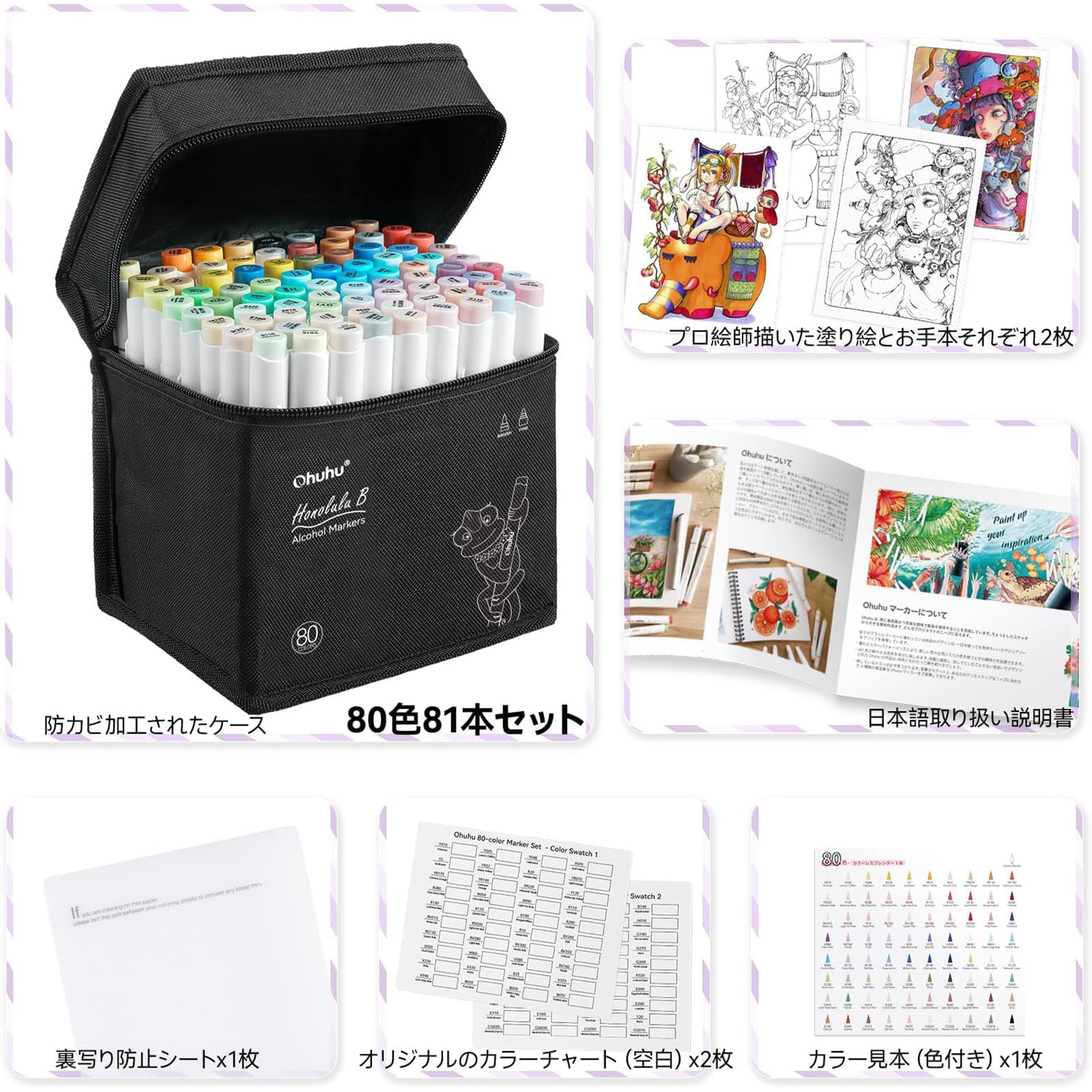 Ohuhu イラストマーカー筆タイプ 80色81本 Bシリーズ ブレンダーペン付き