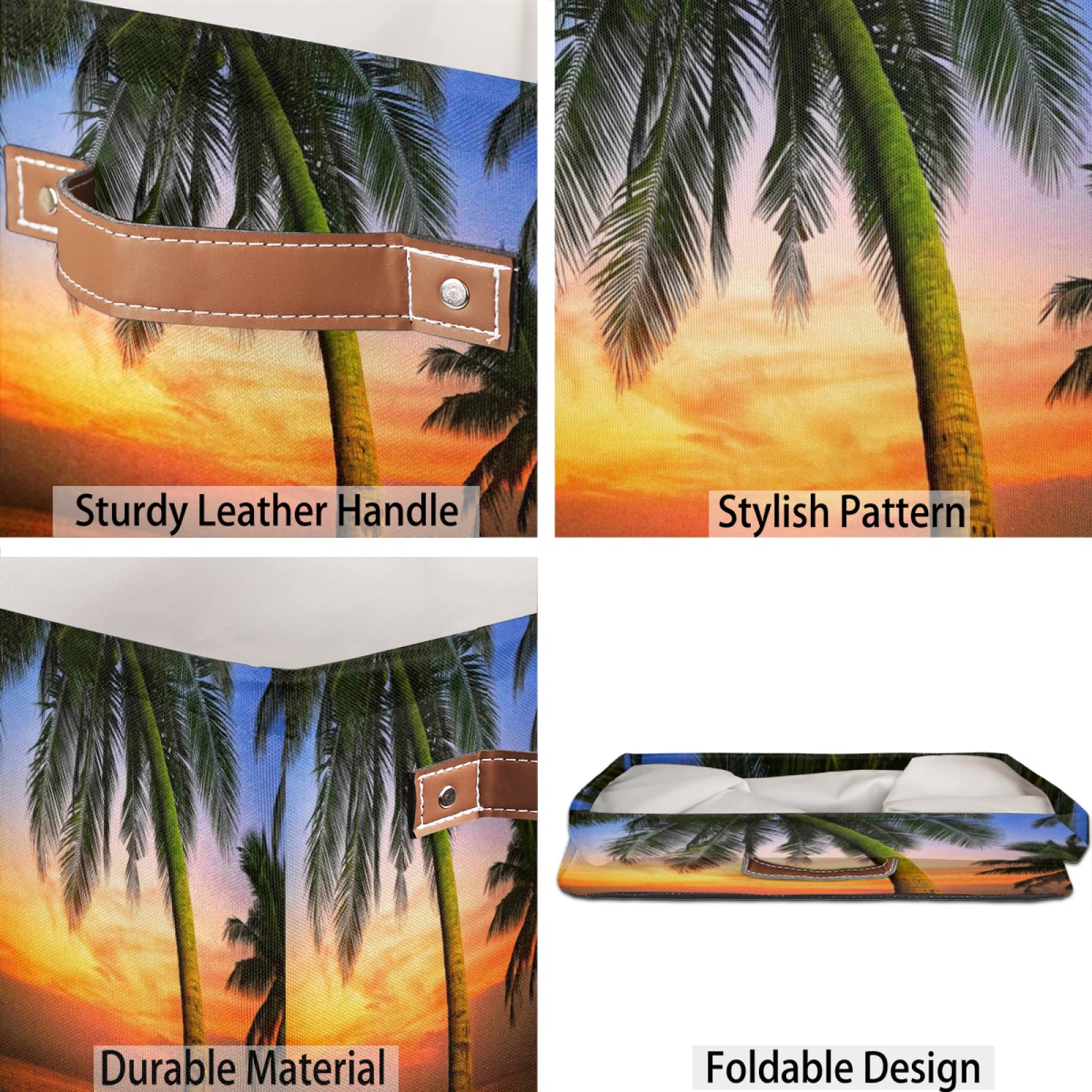 Beach Theme Storage Baskets With Handles - Collapsible Fabric Organizer Bin 15x11x9.5 Inches