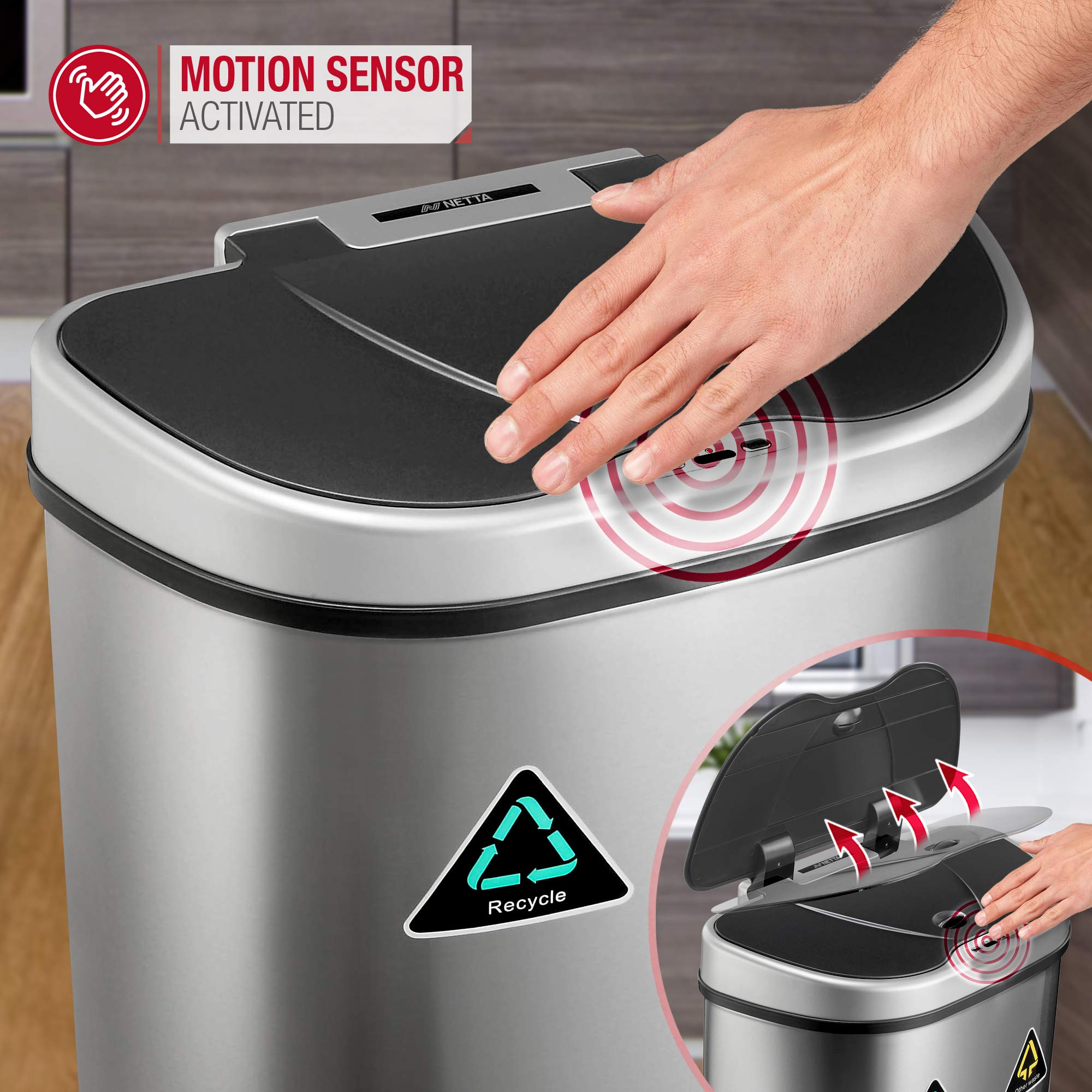 NETTA 70L Kitchen Recycling Sensor Bin Large TouchFree Automatic
