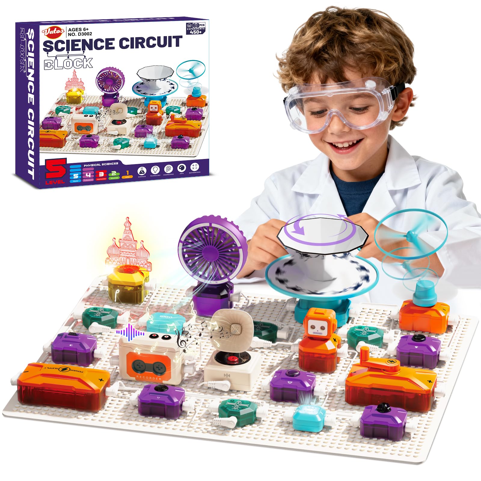 VATOS Circuito científico para niños, kit de exploración electrónica de 68 piezas con más de 450 proyectos, imagen rotacional, grabación y reproducción de sonido, juguete educativo STEM para niños y