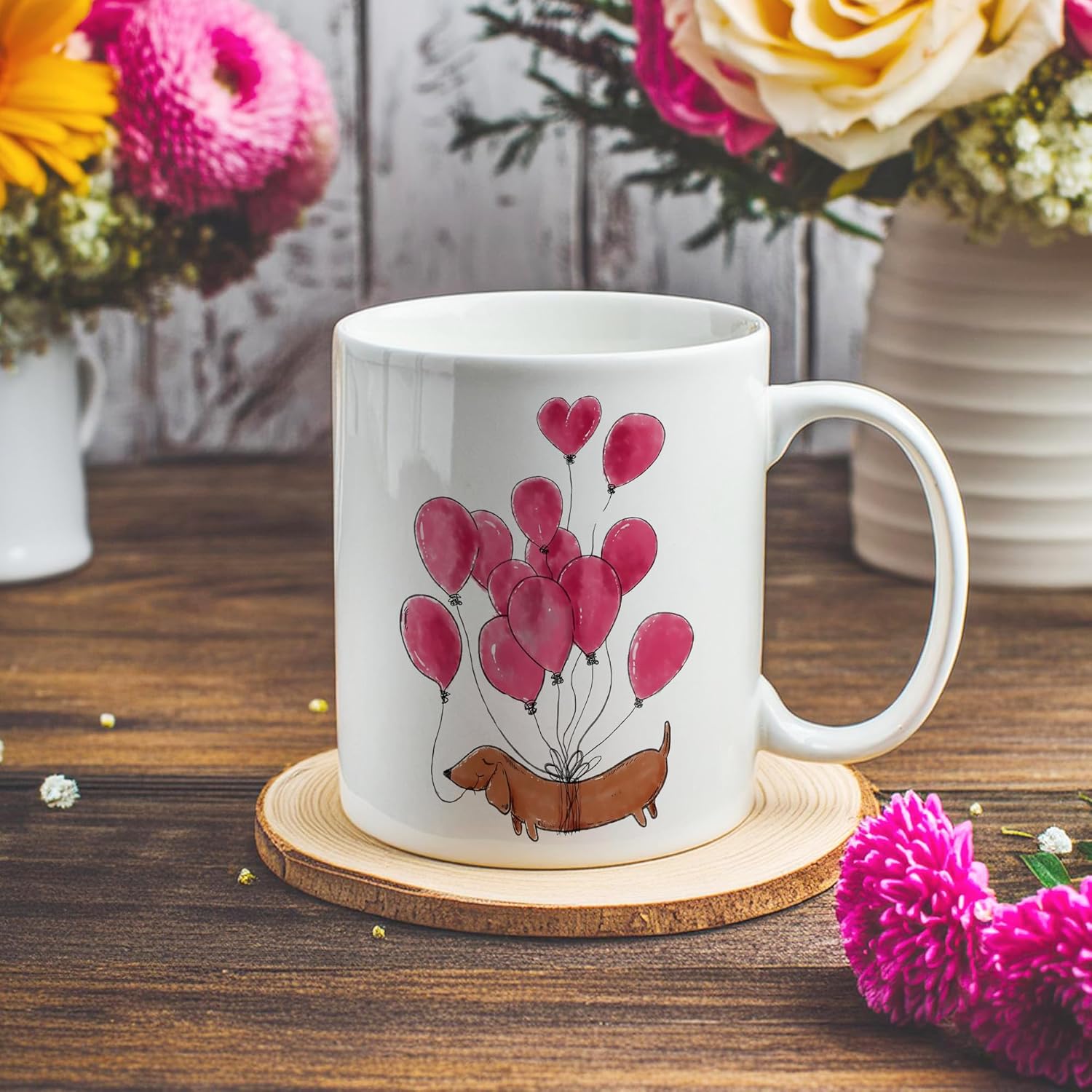 Dachshund Coffee Mug - Weiner Dog Ceramic Cup With Pink Balloon Design - Doxie Gift for Dog Lovers - Image 3