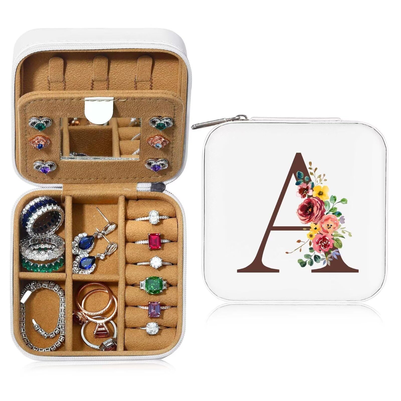 Portagioie Da Viaggio Con Specchio - 10x10x5cm, Iniziale E Fiore, Interno Foderato, Per Donna, Regalo