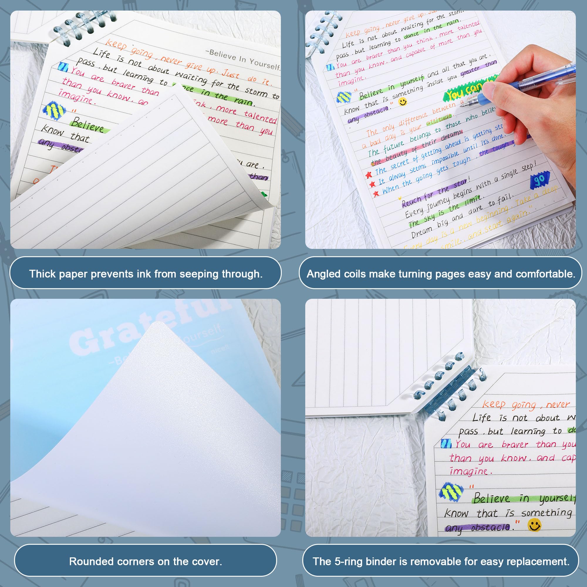miikoul Paquete de 4 cuadernos en espiral B5, diarios de cubierta de plástico impermeable para escribir, 9.8 x 6.9 pulgadas, 60 hojas/120 páginas de rayas anchas, cuadernos forrados en espiral a