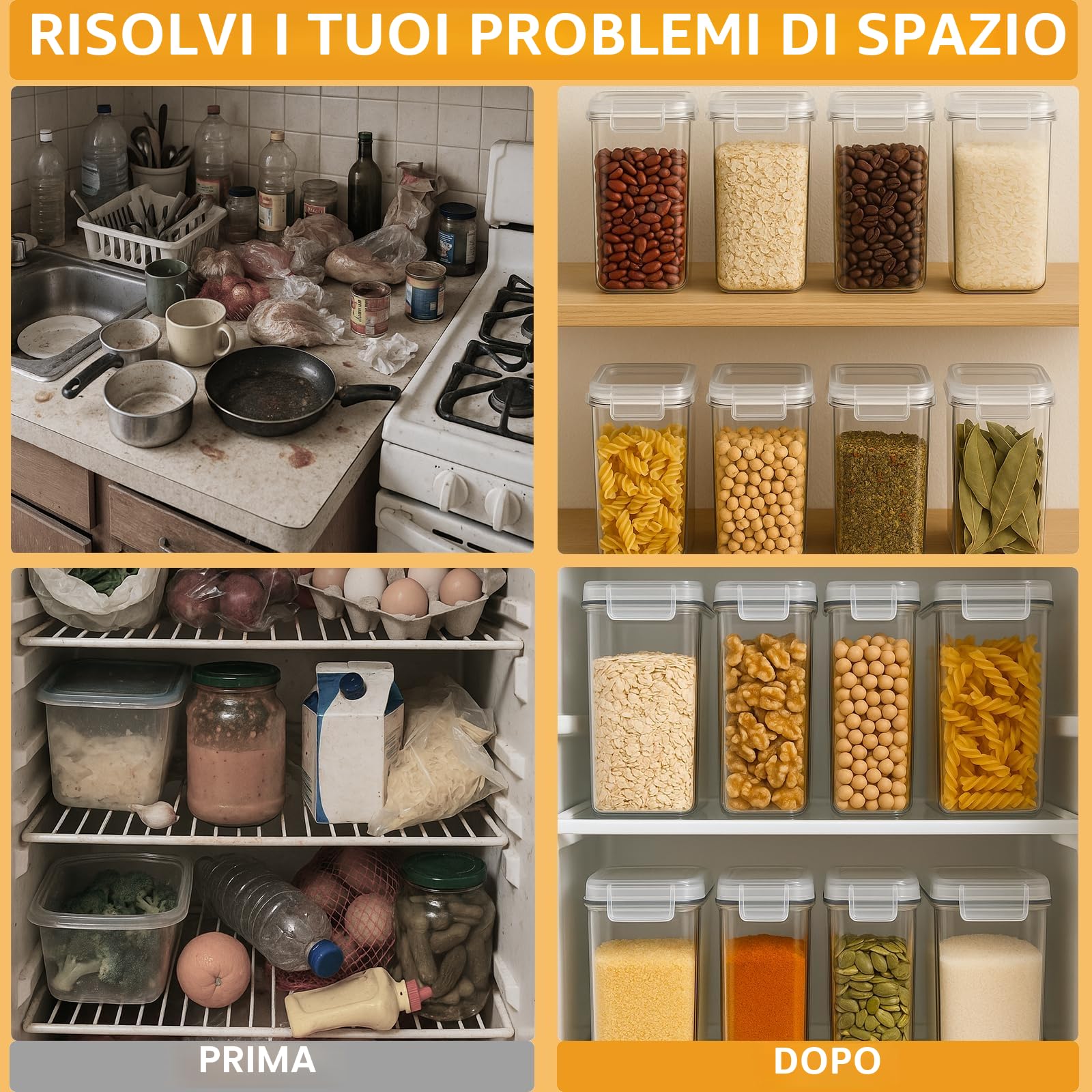 Contenitori per alimenti capienti da 42 litri con coperchi ermetici, set di organizzatori da cucina, senza BPA, trasparenti, 24 pezzi